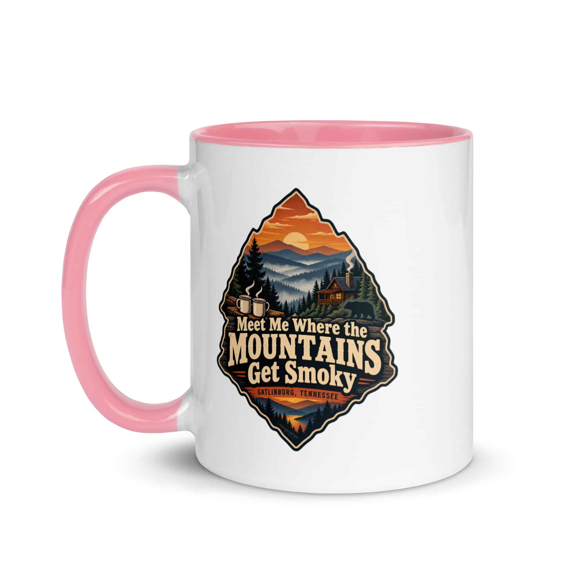 Gatlinburg and the Smokies Color Inside Coffee Mug: Meet Me Where the Mountains Get Smoky, Scenic Shield Badge