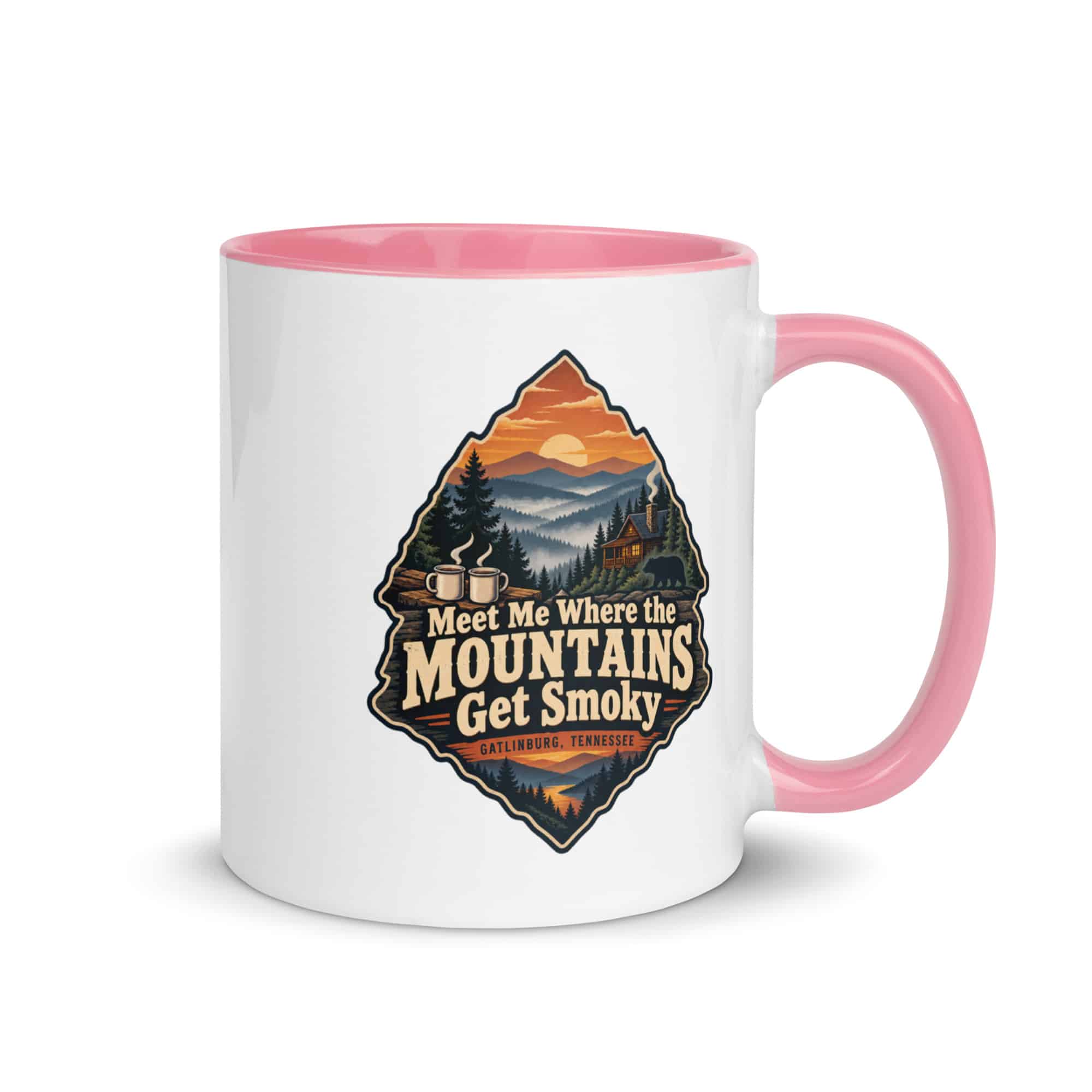 Gatlinburg and the Smokies Color Inside Coffee Mug: Meet Me Where the Mountains Get Smoky, Scenic Shield Badge