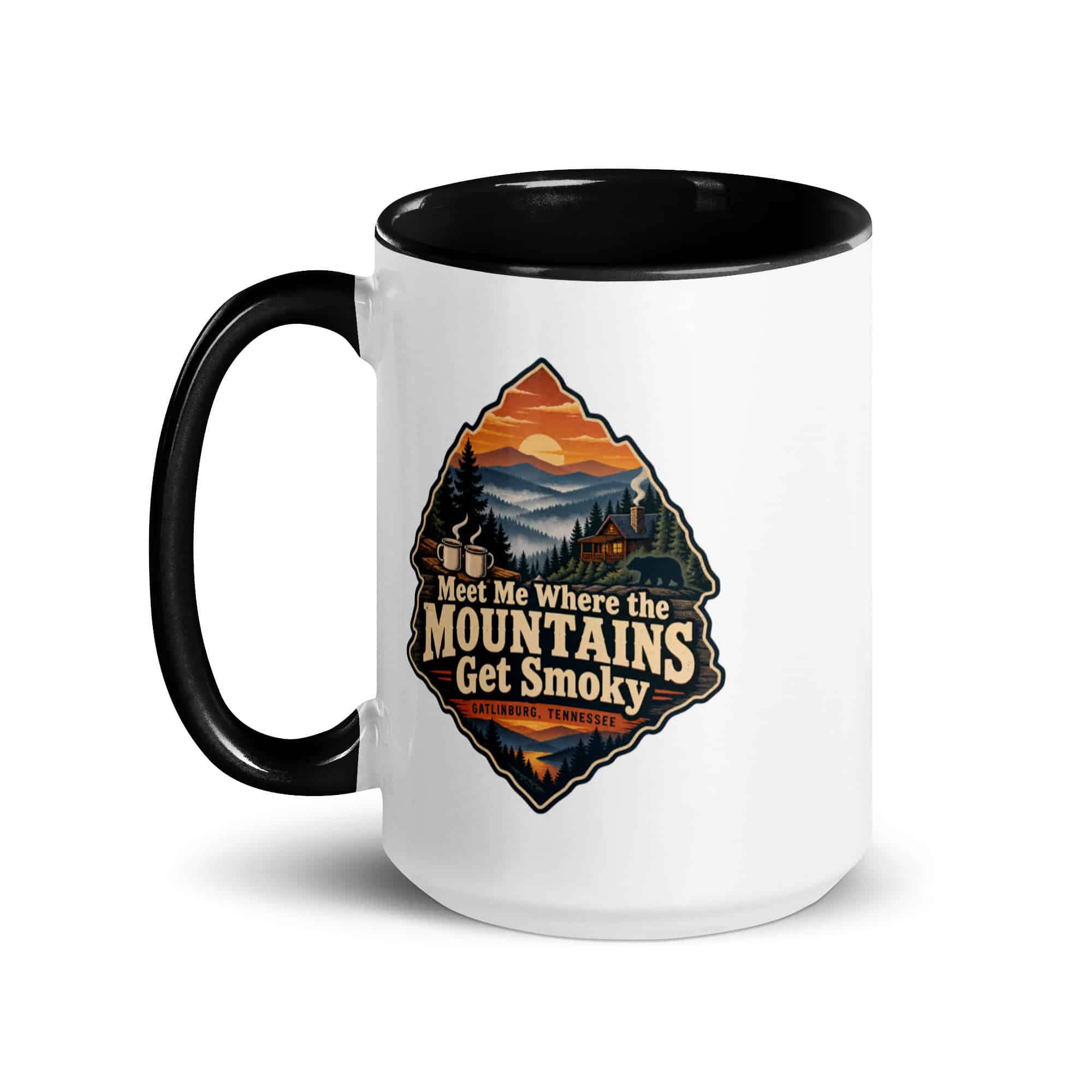 Gatlinburg and the Smokies Color Inside Coffee Mug: Meet Me Where the Mountains Get Smoky, Scenic Shield Badge