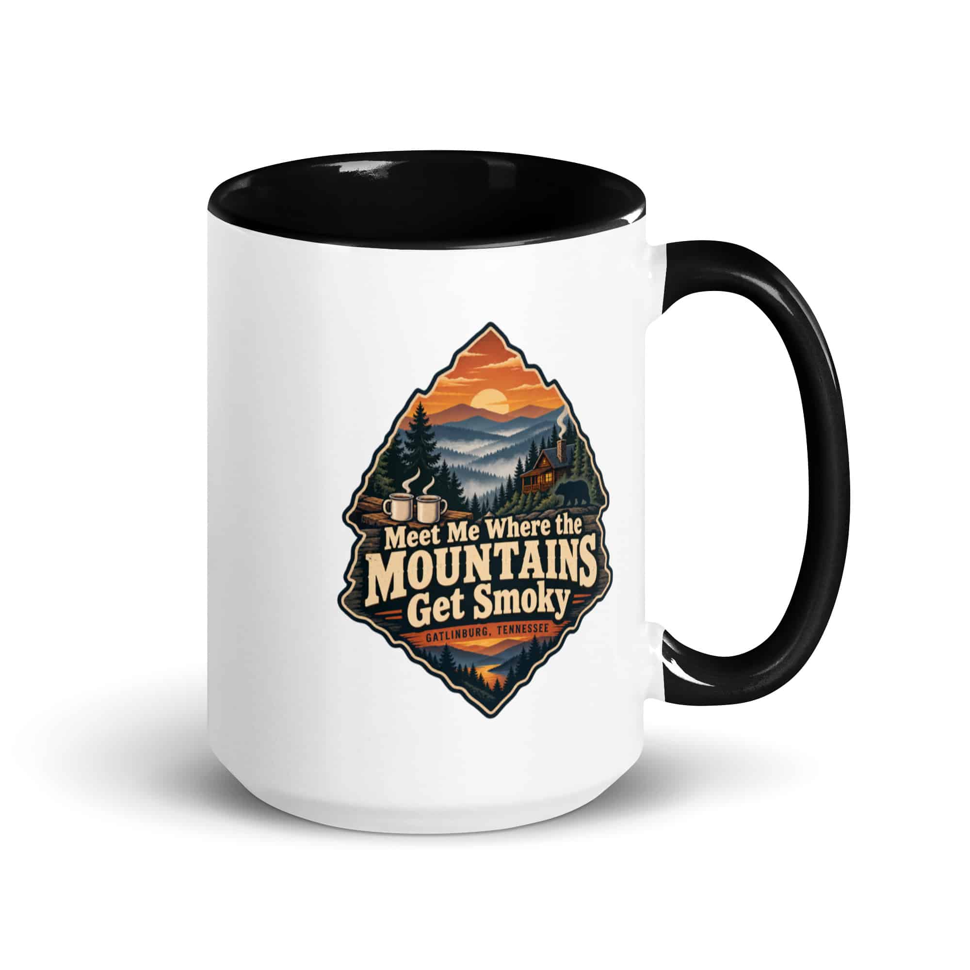 Gatlinburg and the Smokies Color Inside Coffee Mug: Meet Me Where the Mountains Get Smoky, Scenic Shield Badge