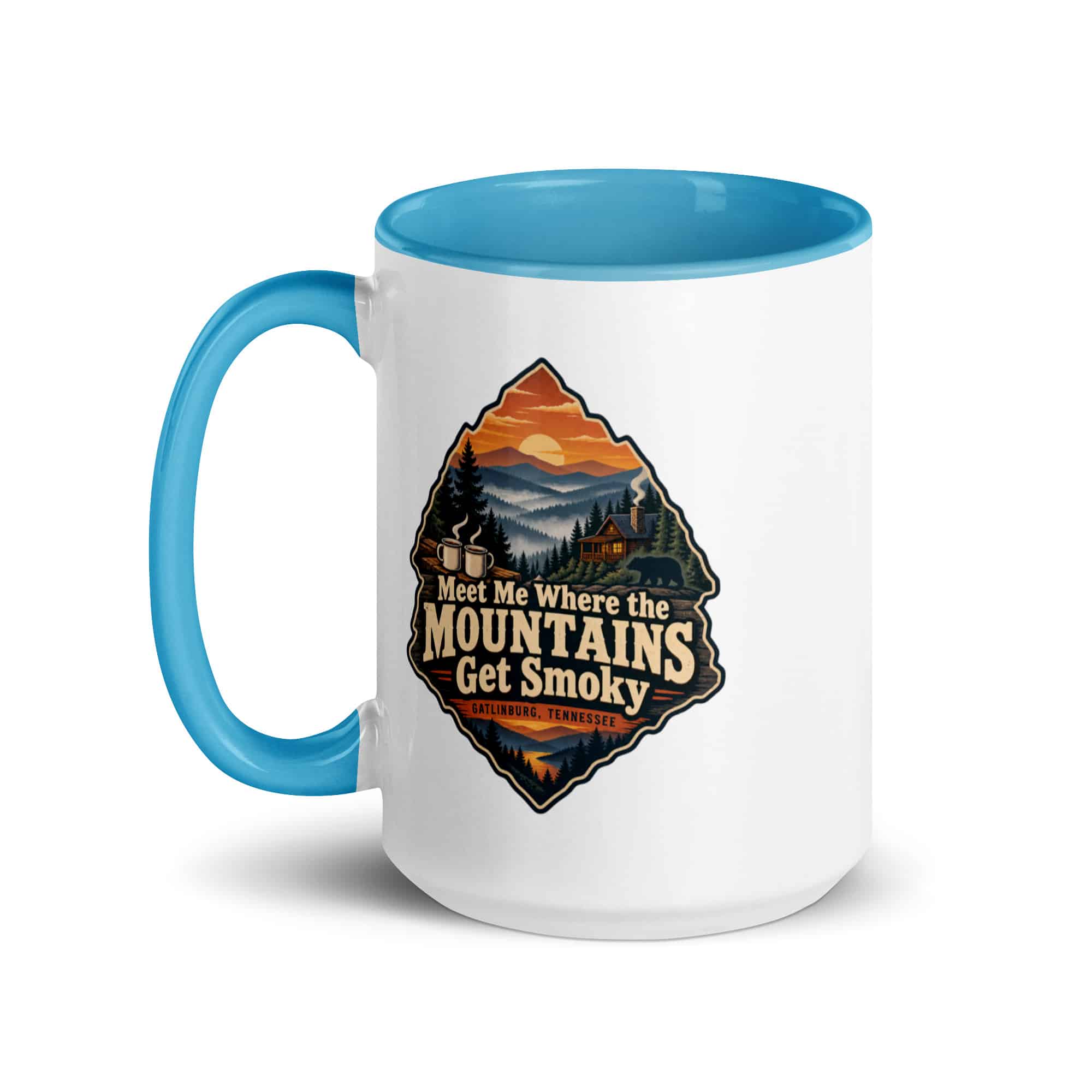 Gatlinburg and the Smokies Color Inside Coffee Mug: Meet Me Where the Mountains Get Smoky, Scenic Shield Badge