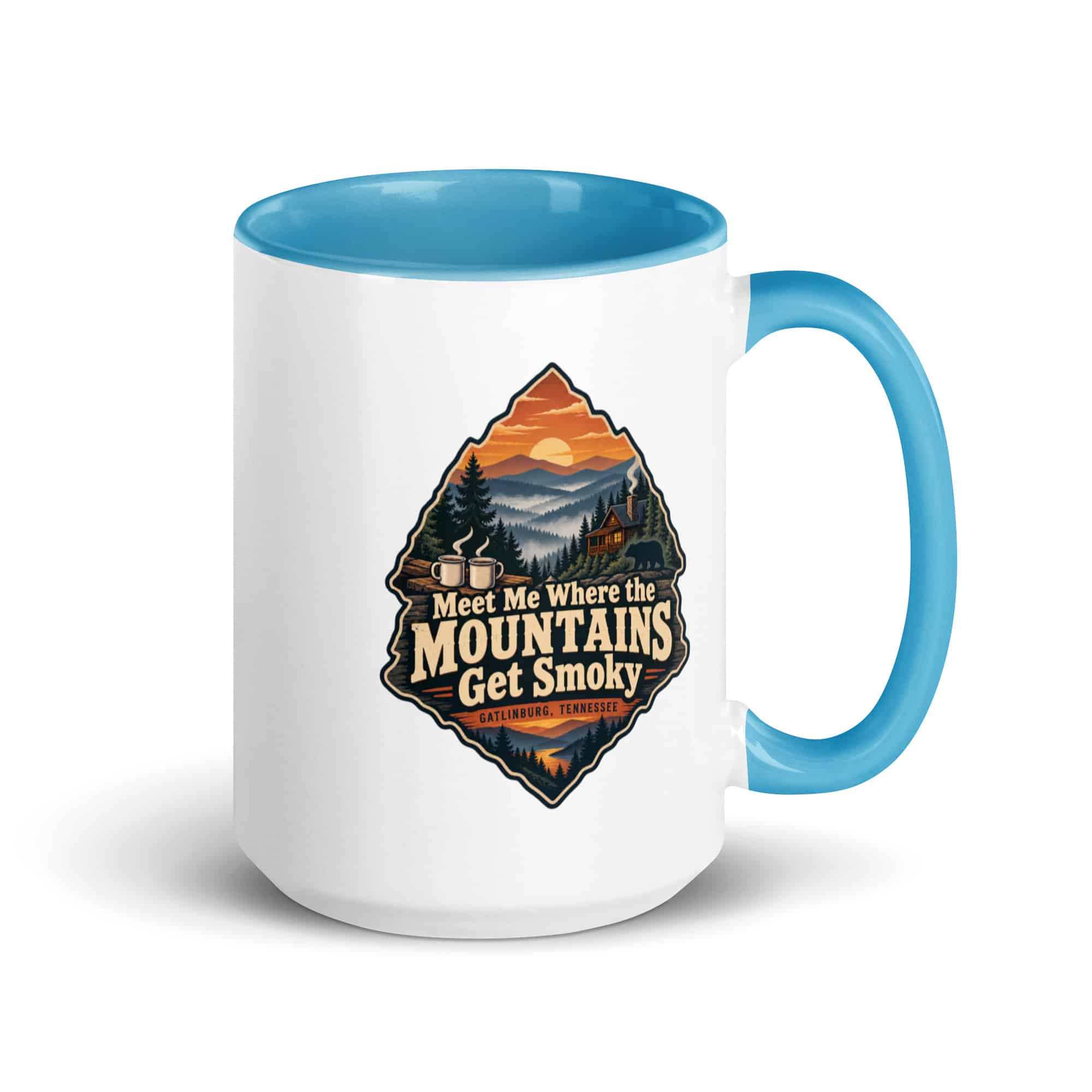 Gatlinburg and the Smokies Color Inside Coffee Mug: Meet Me Where the Mountains Get Smoky, Scenic Shield Badge