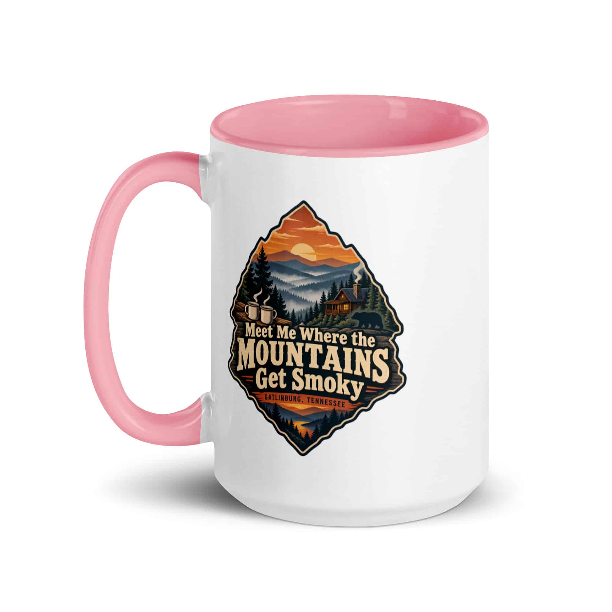 Gatlinburg and the Smokies Color Inside Coffee Mug: Meet Me Where the Mountains Get Smoky, Scenic Shield Badge