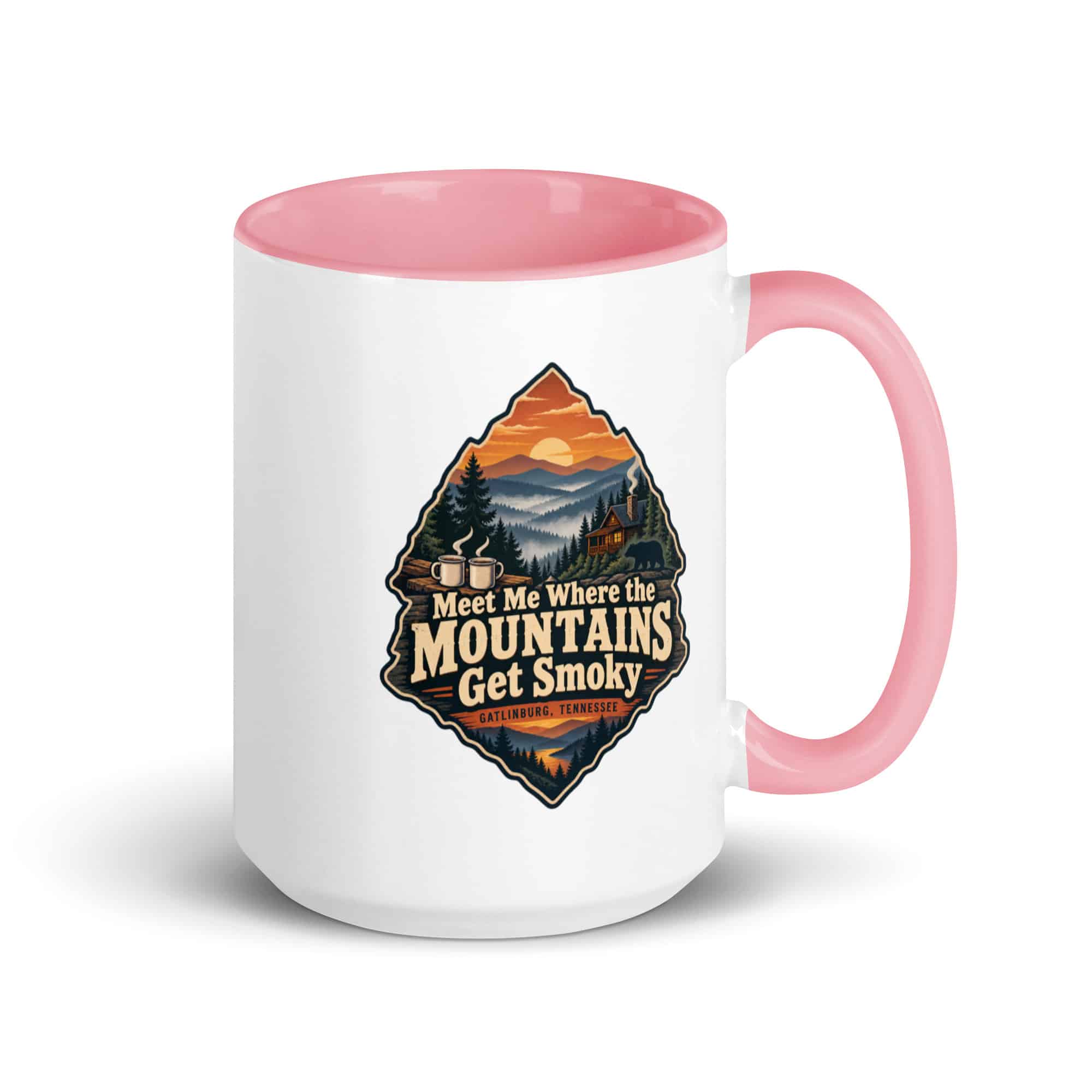 Gatlinburg and the Smokies Color Inside Coffee Mug: Meet Me Where the Mountains Get Smoky, Scenic Shield Badge