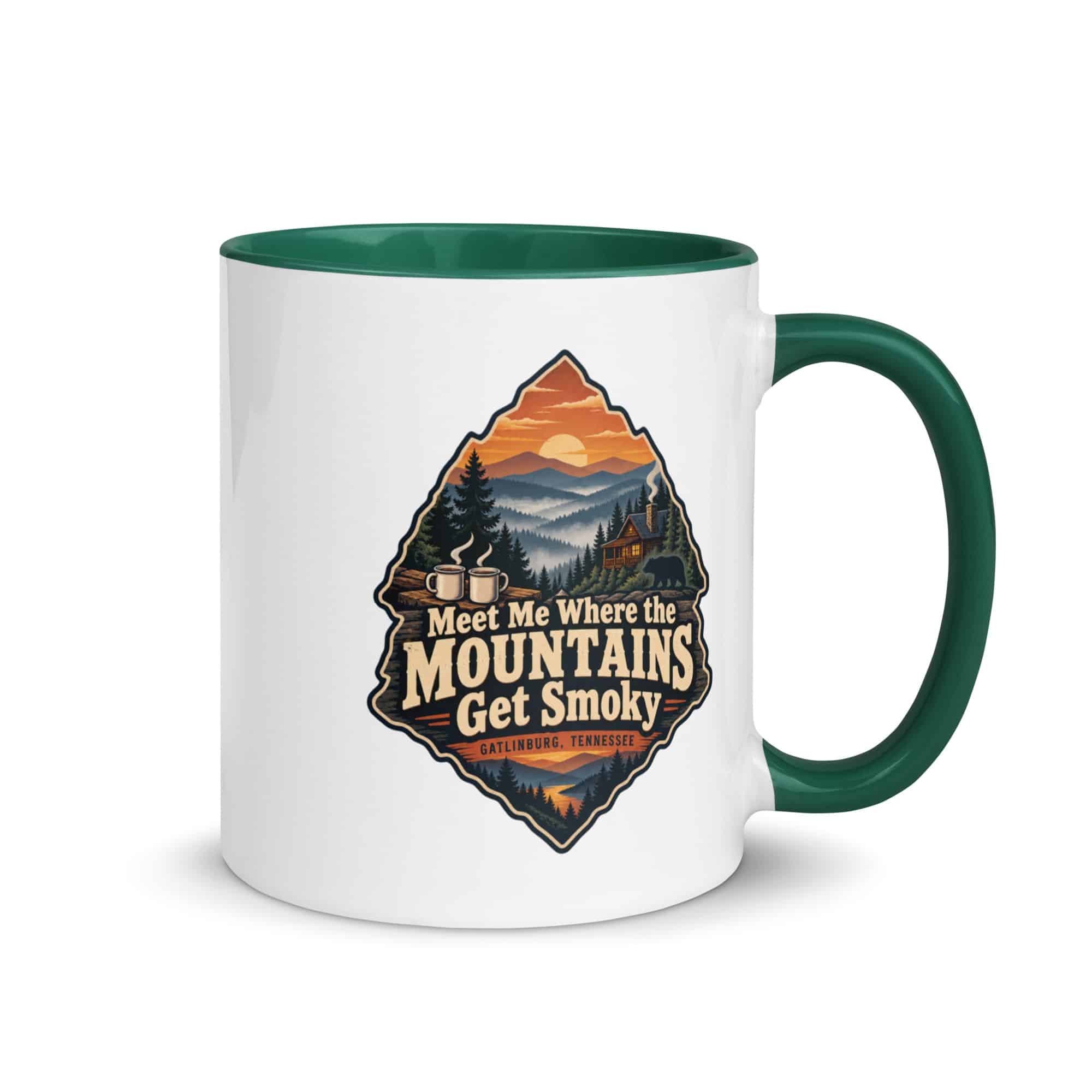 Gatlinburg and the Smokies Color Inside Coffee Mug: Meet Me Where the Mountains Get Smoky, Scenic Shield Badge
