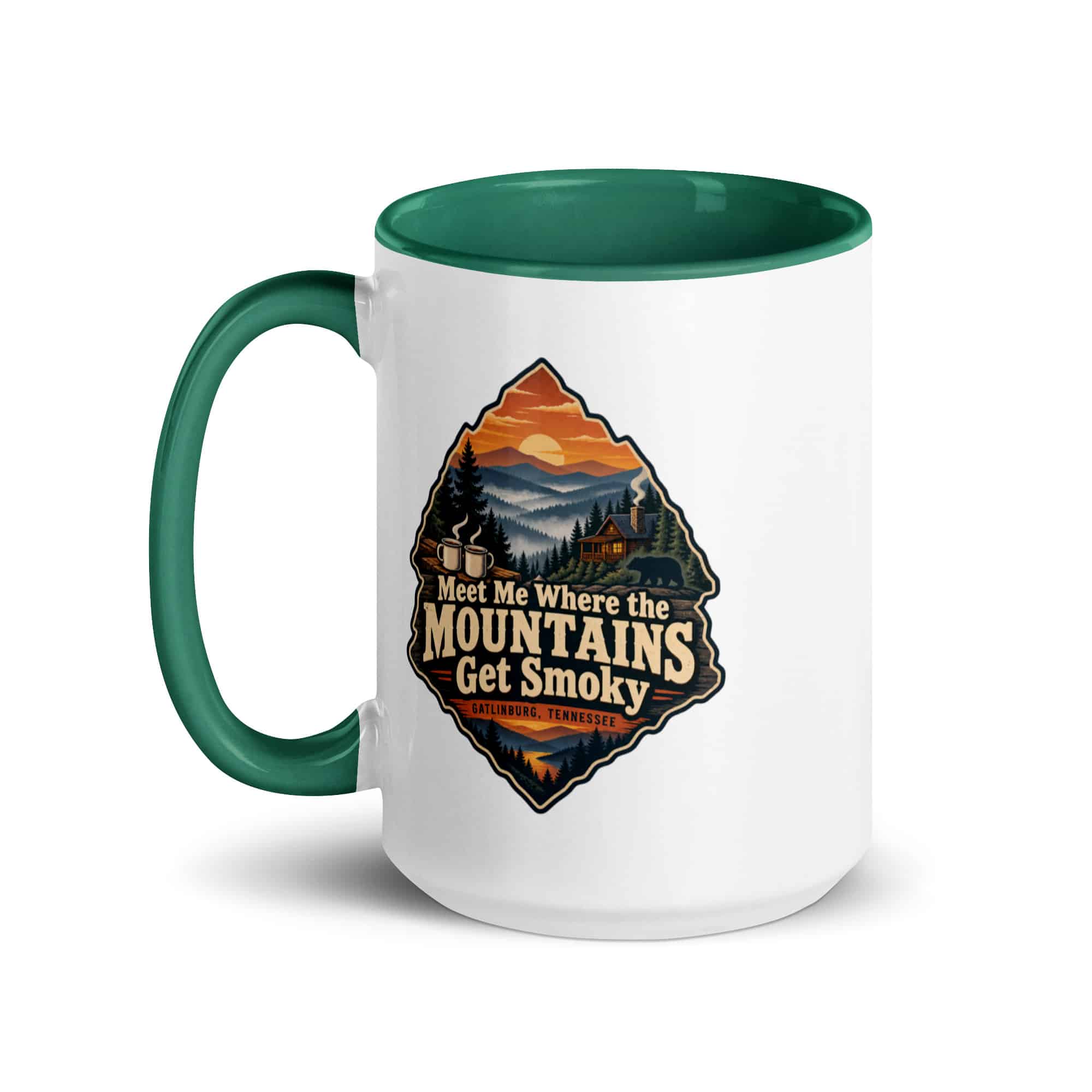 Gatlinburg and the Smokies Color Inside Coffee Mug: Meet Me Where the Mountains Get Smoky, Scenic Shield Badge