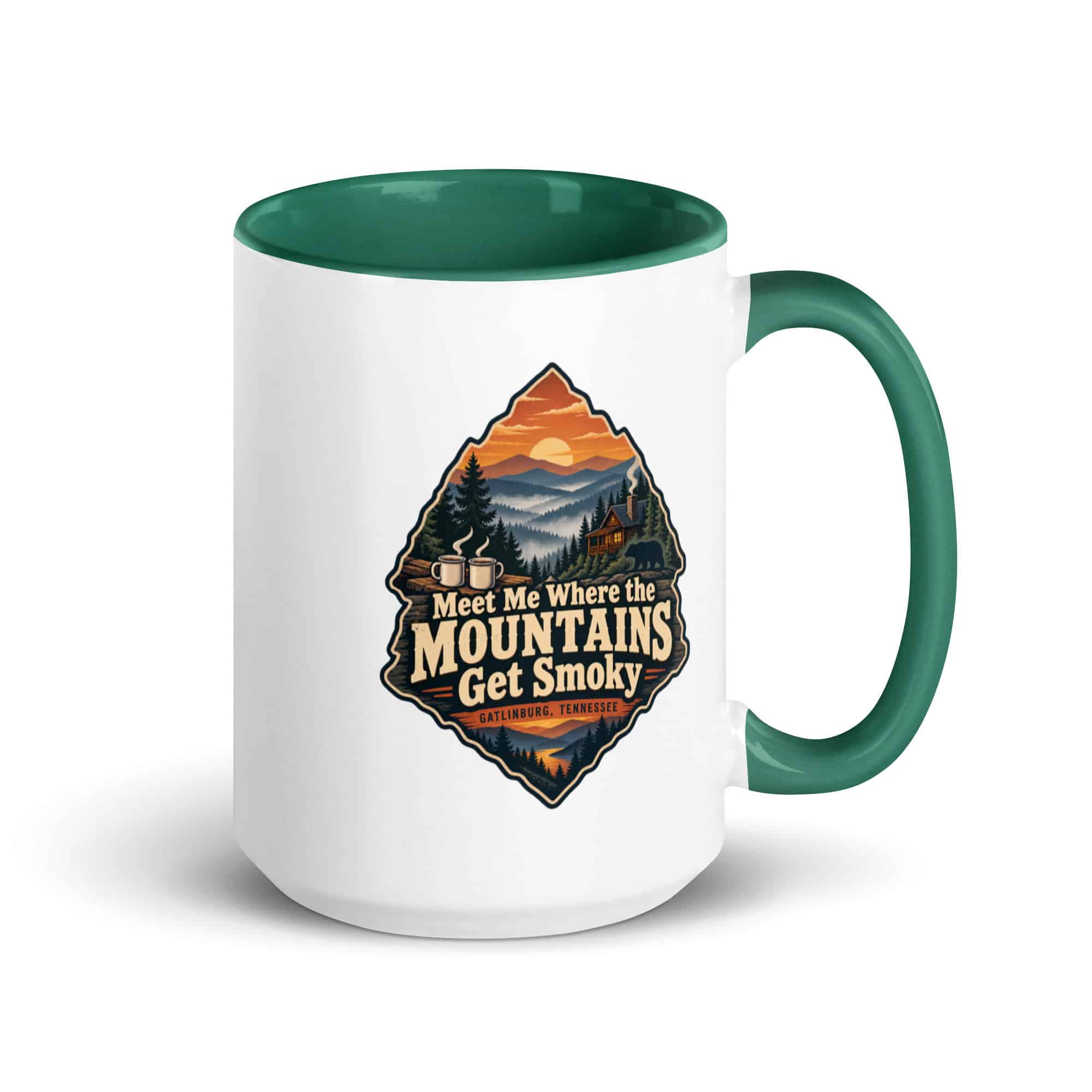 Gatlinburg and the Smokies Color Inside Coffee Mug: Meet Me Where the Mountains Get Smoky, Scenic Shield Badge