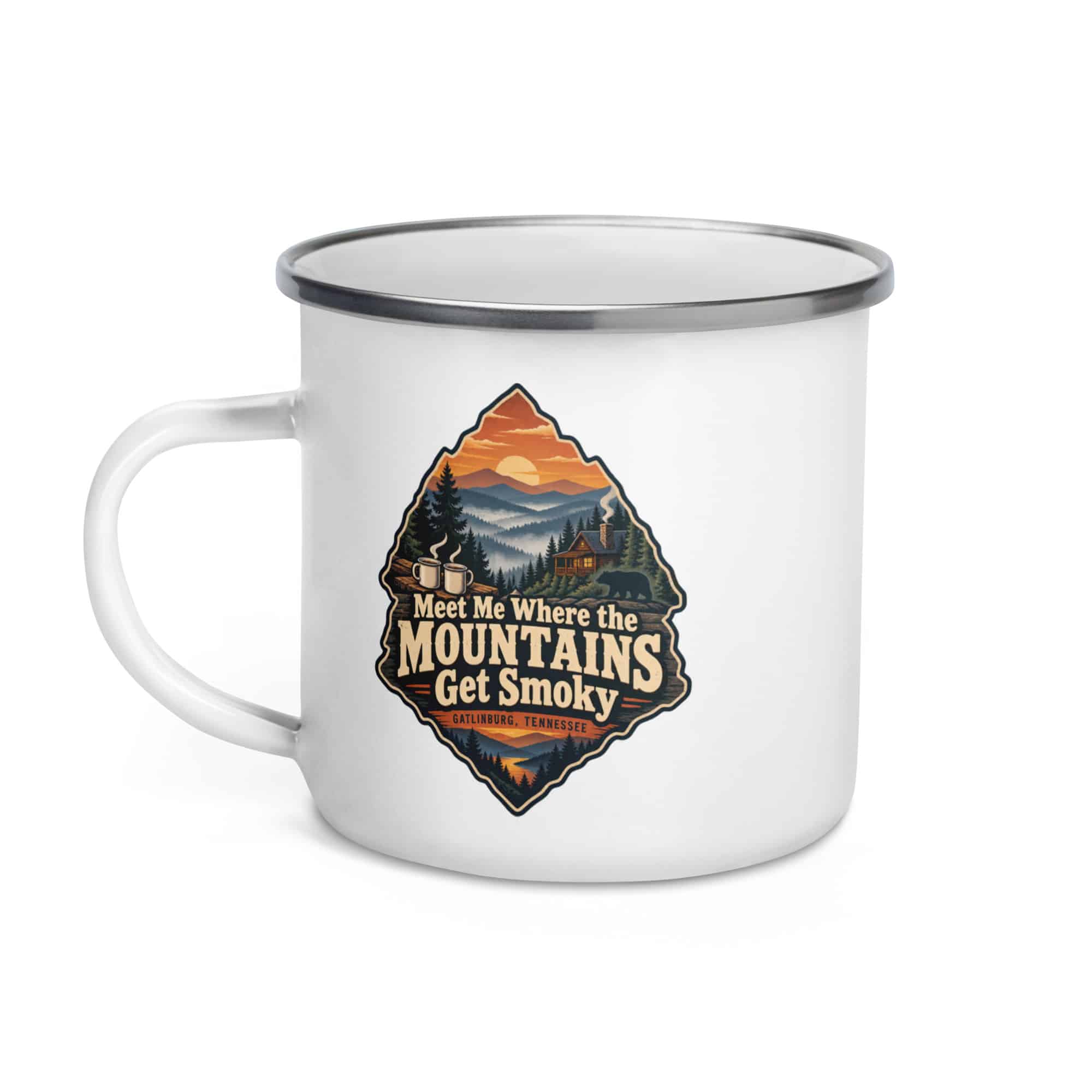 Gatlinburg and the Smokies Enamel Camp Mug: Meet Me Where the Mountains Get Smoky, Scenic Shield Badge