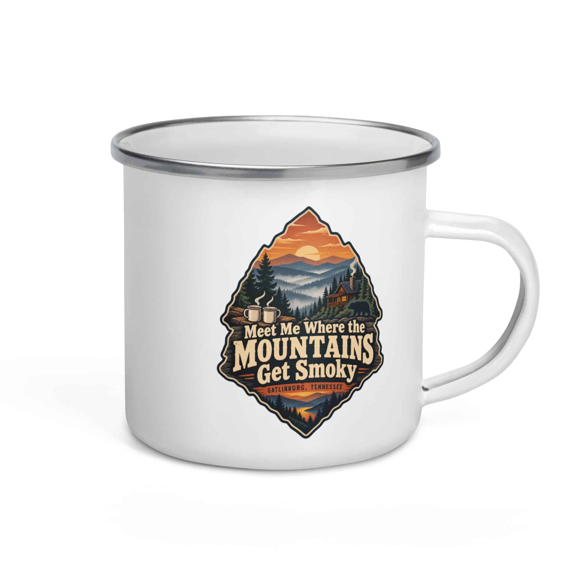 Gatlinburg and the Smokies Enamel Camp Mug: Meet Me Where the Mountains Get Smoky, Scenic Shield Badge