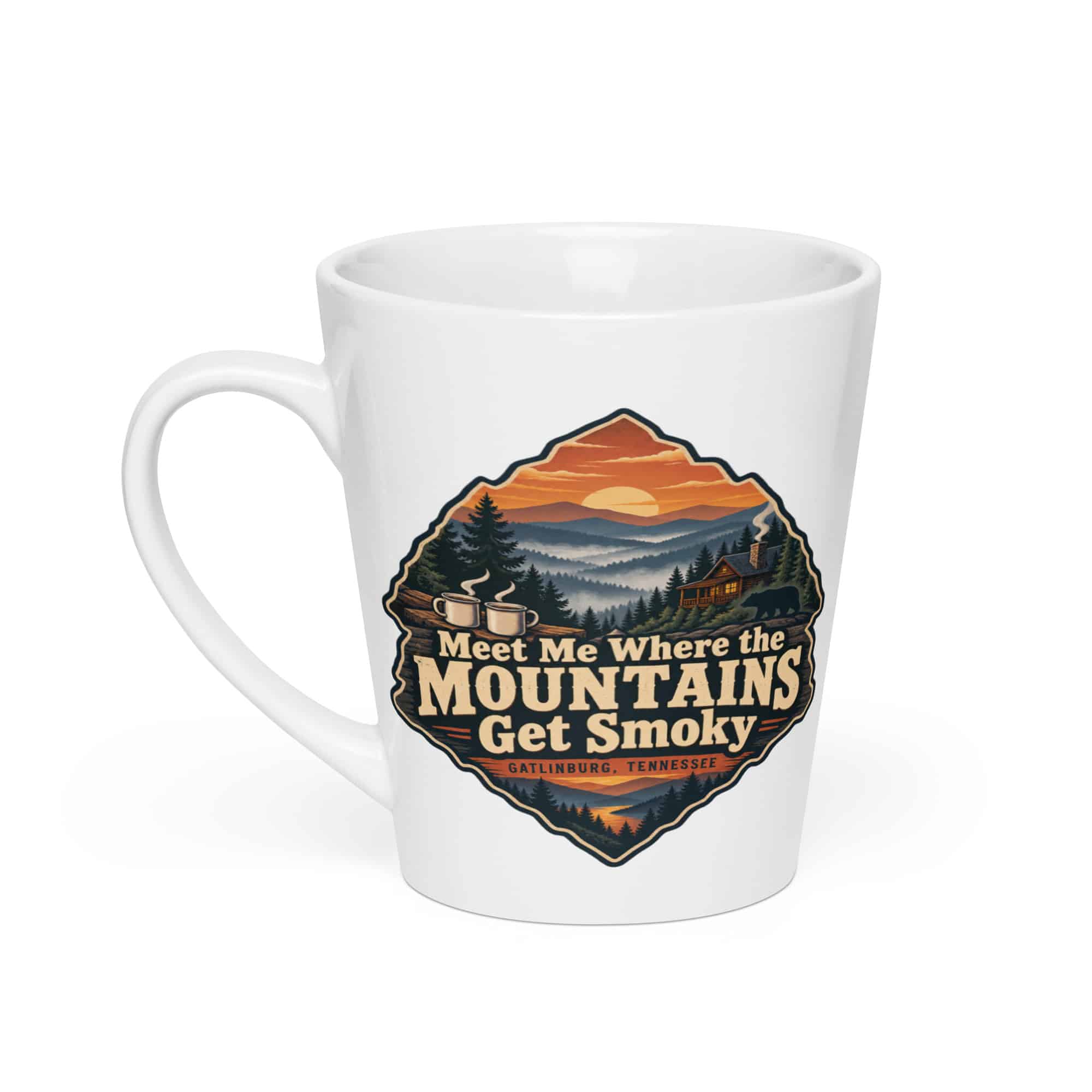Gatlinburg and the Smokies Latte Mug: Meet Me Where the Mountains Get Smoky, Scenic Shield Badge