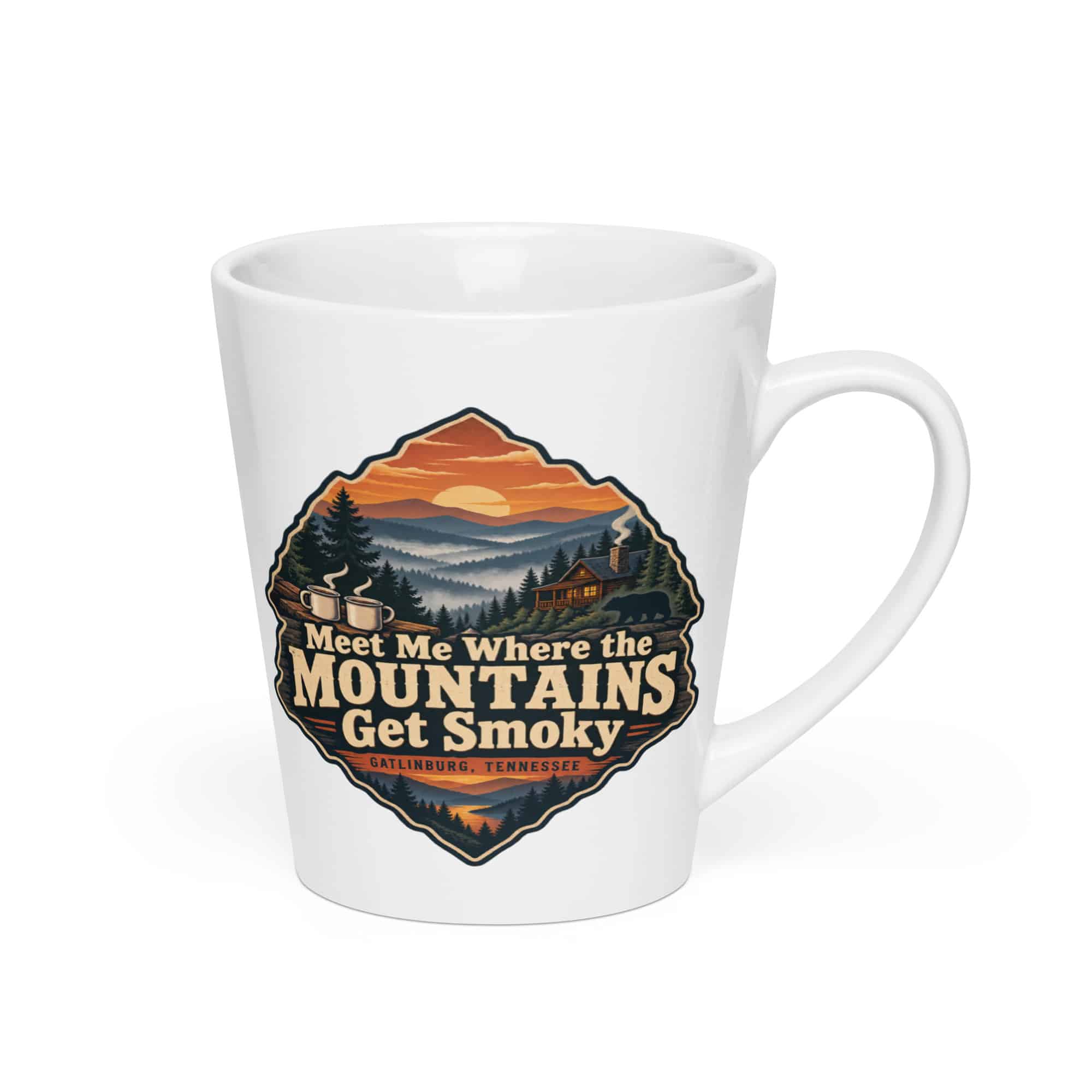 Gatlinburg and the Smokies Latte Mug: Meet Me Where the Mountains Get Smoky, Scenic Shield Badge