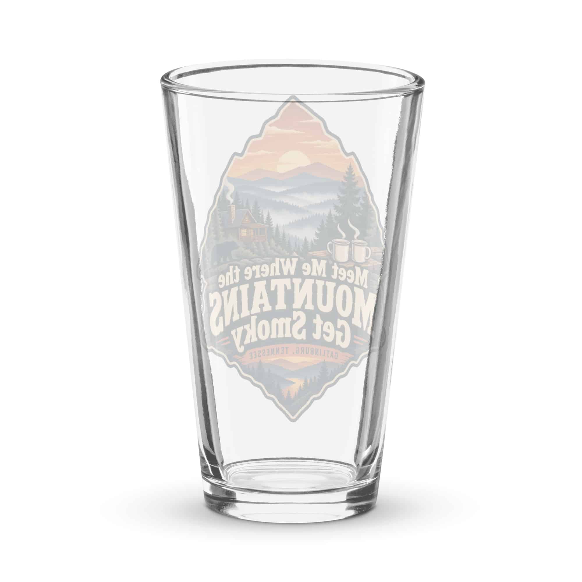 Gatlinburg and the Smokies Pint Glass: Meet Me Where the Mountains Get Smoky, Scenic Shield Badge