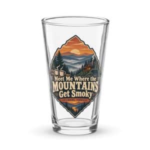 Gatlinburg and the Smokies Pint Glass: Meet Me Where the Mountains Get Smoky, Scenic Shield Badge - 16 oz - Main
