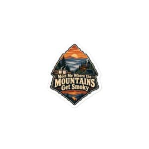 Gatlinburg and the Smokies Vinyl Sticker: Meet Me Where the Mountains Get Smoky, Scenic Shield Badge - 3″×3″ - Main