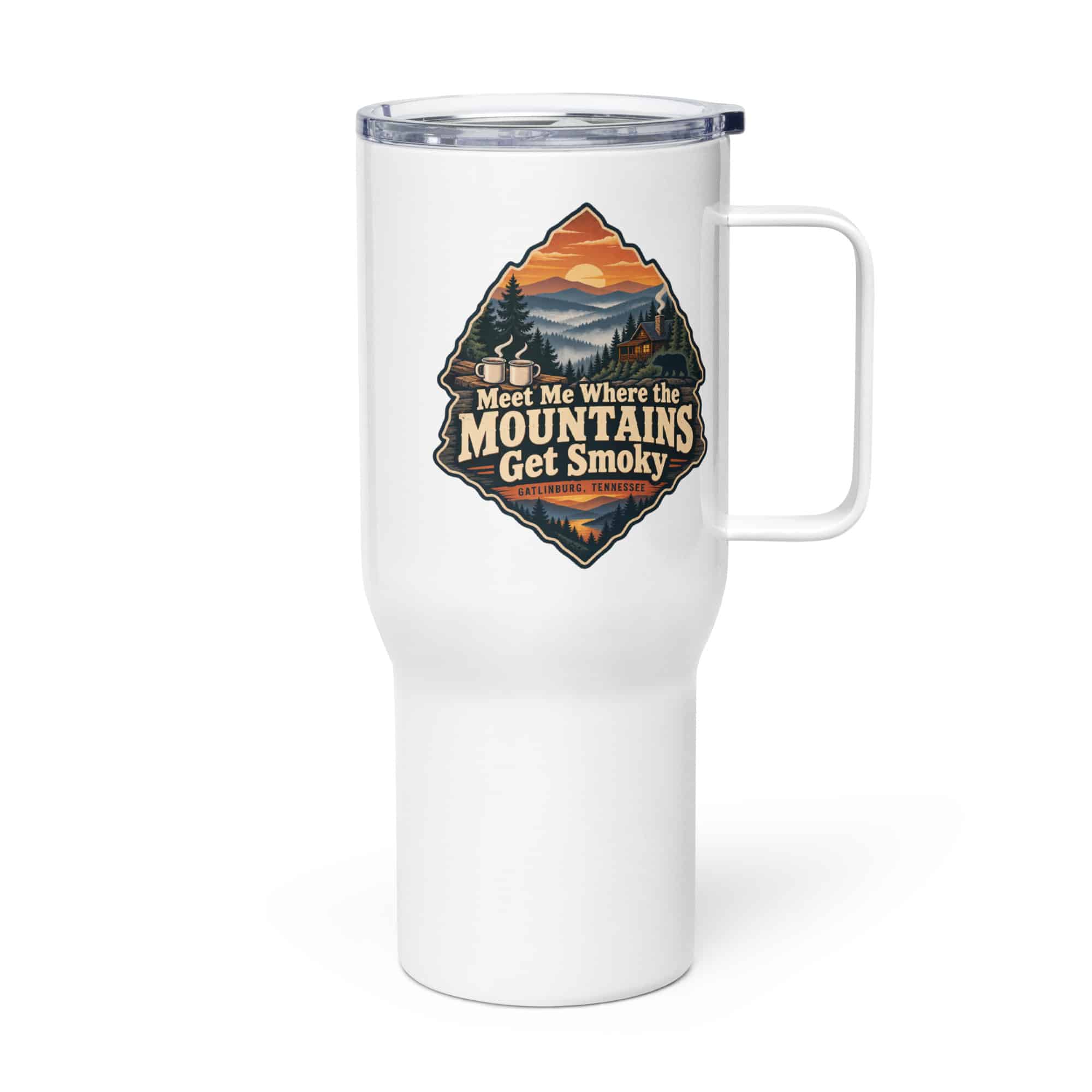 Gatlinburg and the Smokies Travel Mug: Meet Me Where the Mountains Get Smoky, Scenic Shield Badge