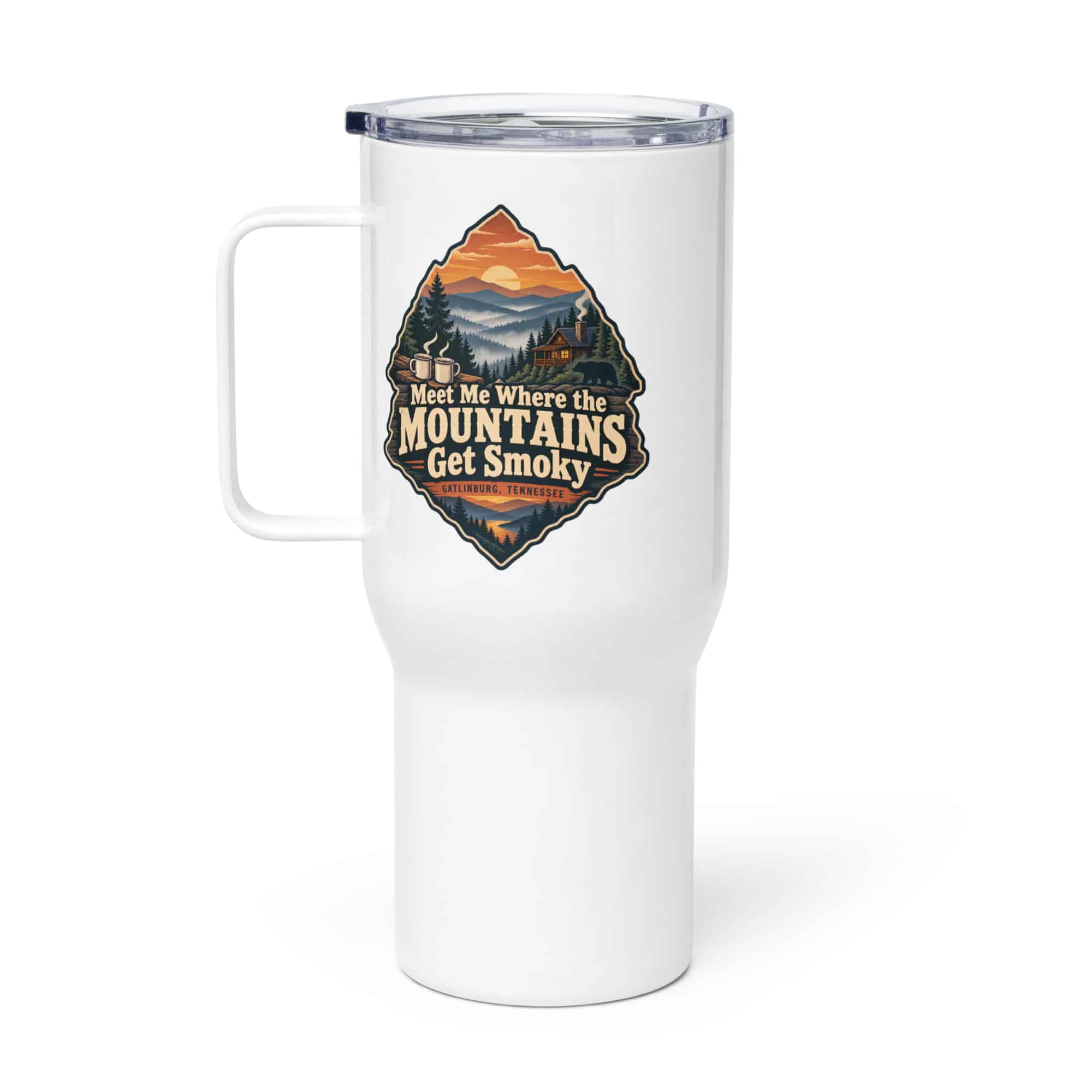 Gatlinburg and the Smokies Travel Mug: Meet Me Where the Mountains Get Smoky, Scenic Shield Badge