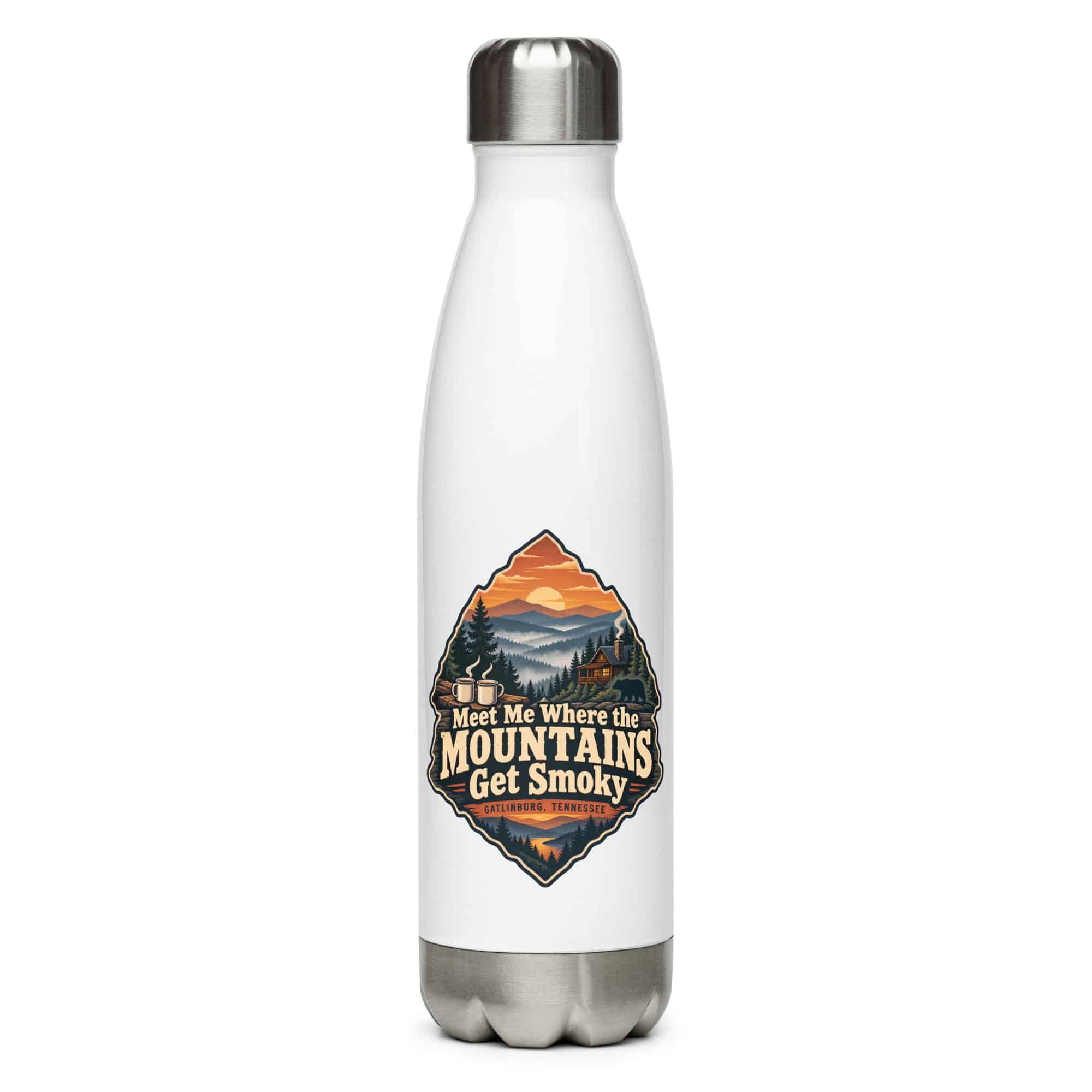 Gatlinburg and the Smokies Stainless Steel Water Bottle: Meet Me Where the Mountains Get Smoky, Scenic Shield Badge