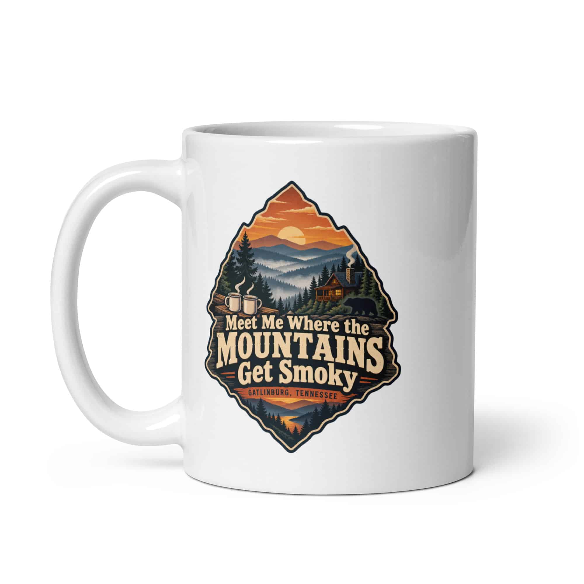 Gatlinburg and the Smokies White Ceramic Coffee Mug: Meet Me Where the Mountains Get Smoky, Scenic Shield Badge