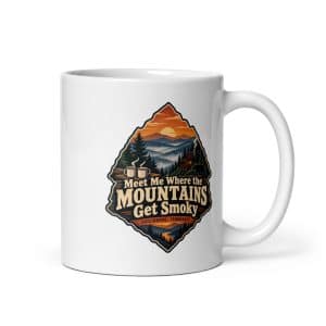 Gatlinburg and the Smokies White Ceramic Coffee Mug: Meet Me Where the Mountains Get Smoky, Scenic Shield Badge - 11 oz - Main