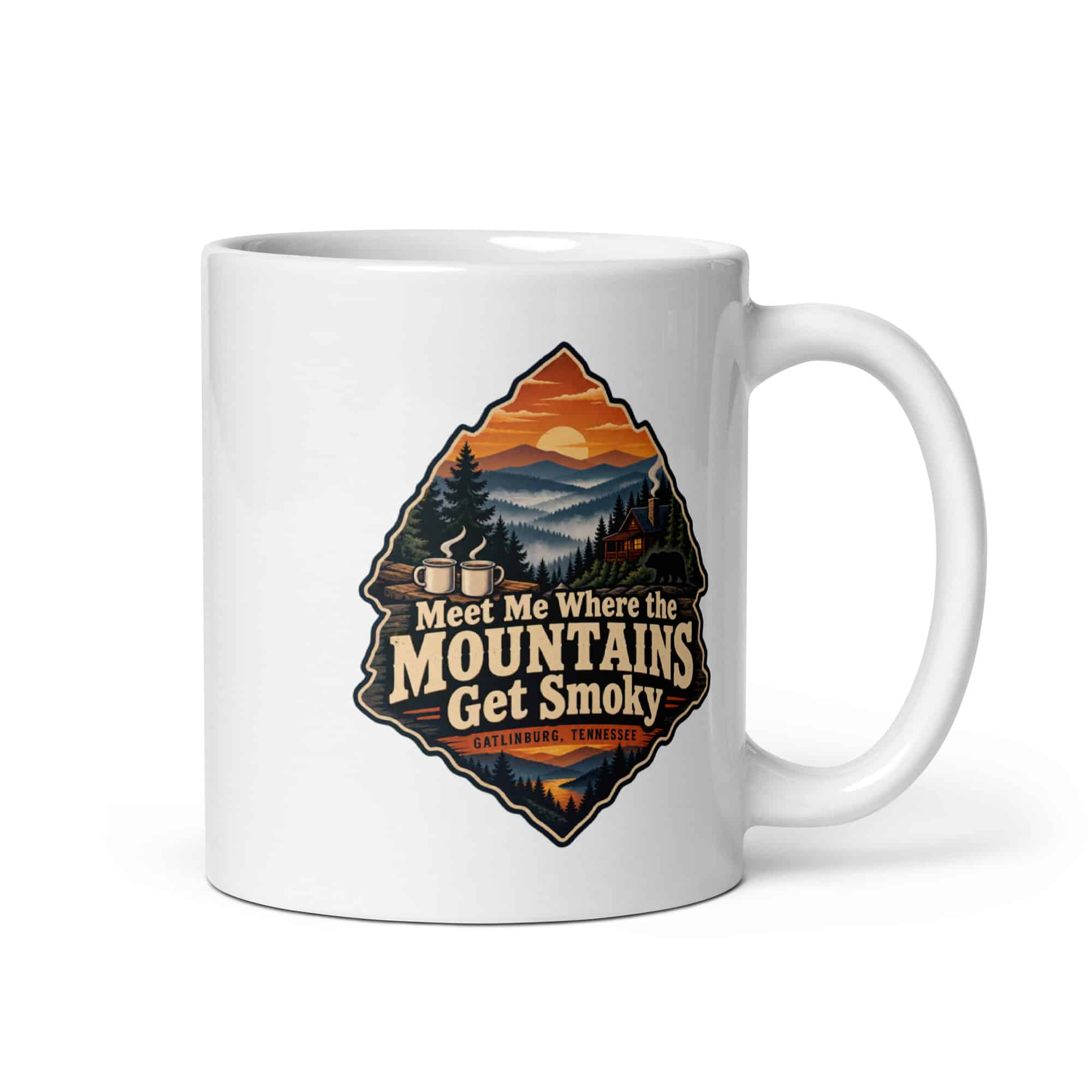 Gatlinburg and the Smokies White Ceramic Coffee Mug: Meet Me Where the Mountains Get Smoky, Scenic Shield Badge