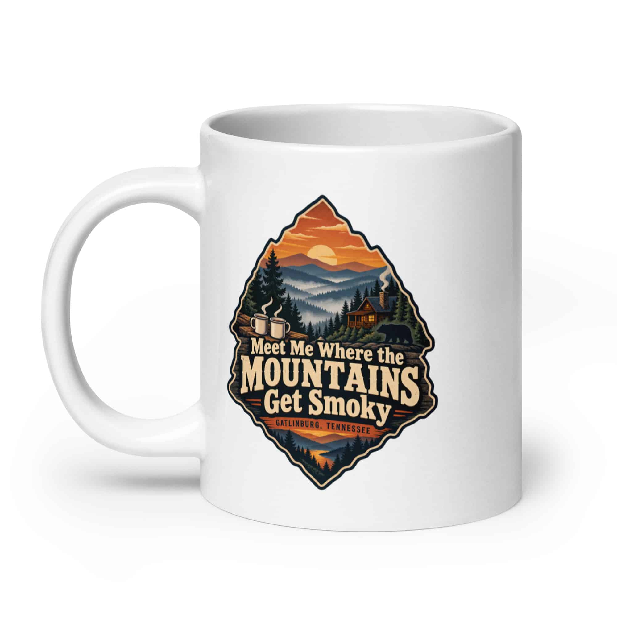Gatlinburg and the Smokies White Ceramic Coffee Mug: Meet Me Where the Mountains Get Smoky, Scenic Shield Badge