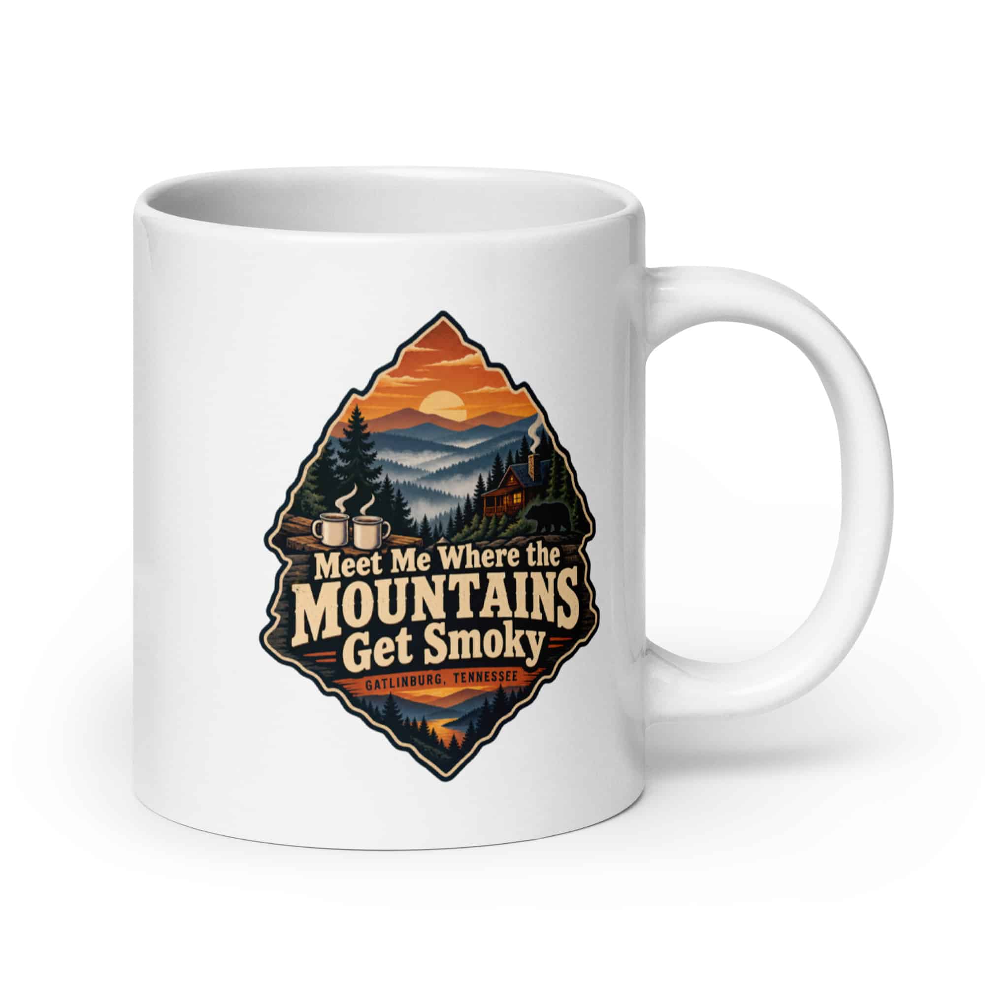 Gatlinburg and the Smokies White Ceramic Coffee Mug: Meet Me Where the Mountains Get Smoky, Scenic Shield Badge