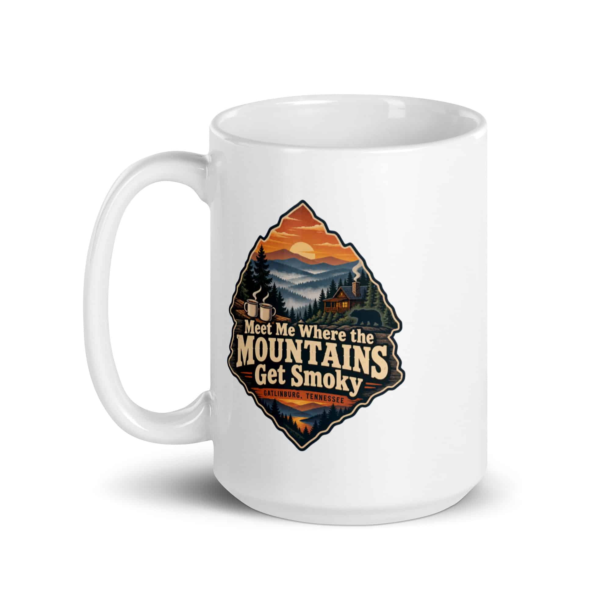 Gatlinburg and the Smokies White Ceramic Coffee Mug: Meet Me Where the Mountains Get Smoky, Scenic Shield Badge