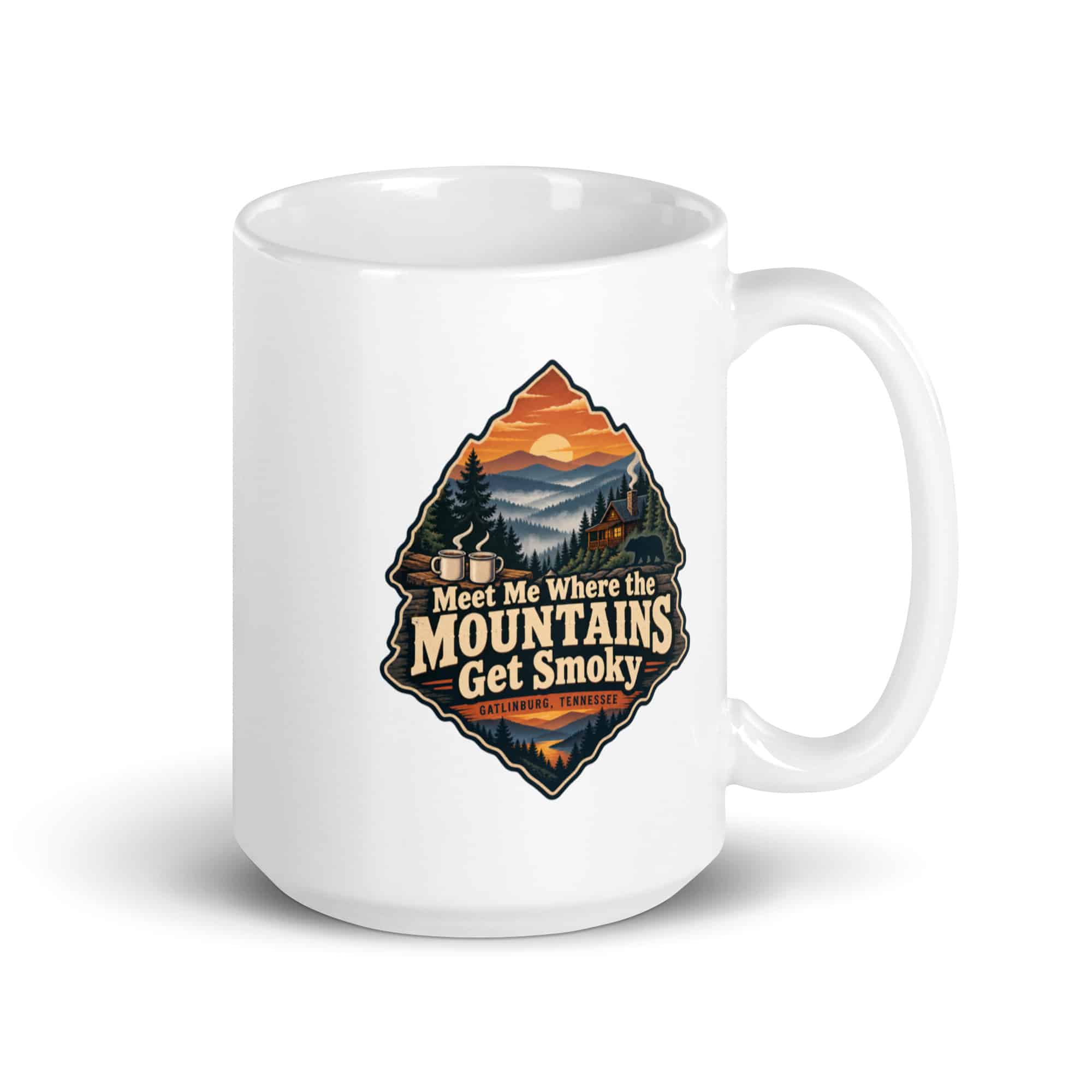 Gatlinburg and the Smokies White Ceramic Coffee Mug: Meet Me Where the Mountains Get Smoky, Scenic Shield Badge