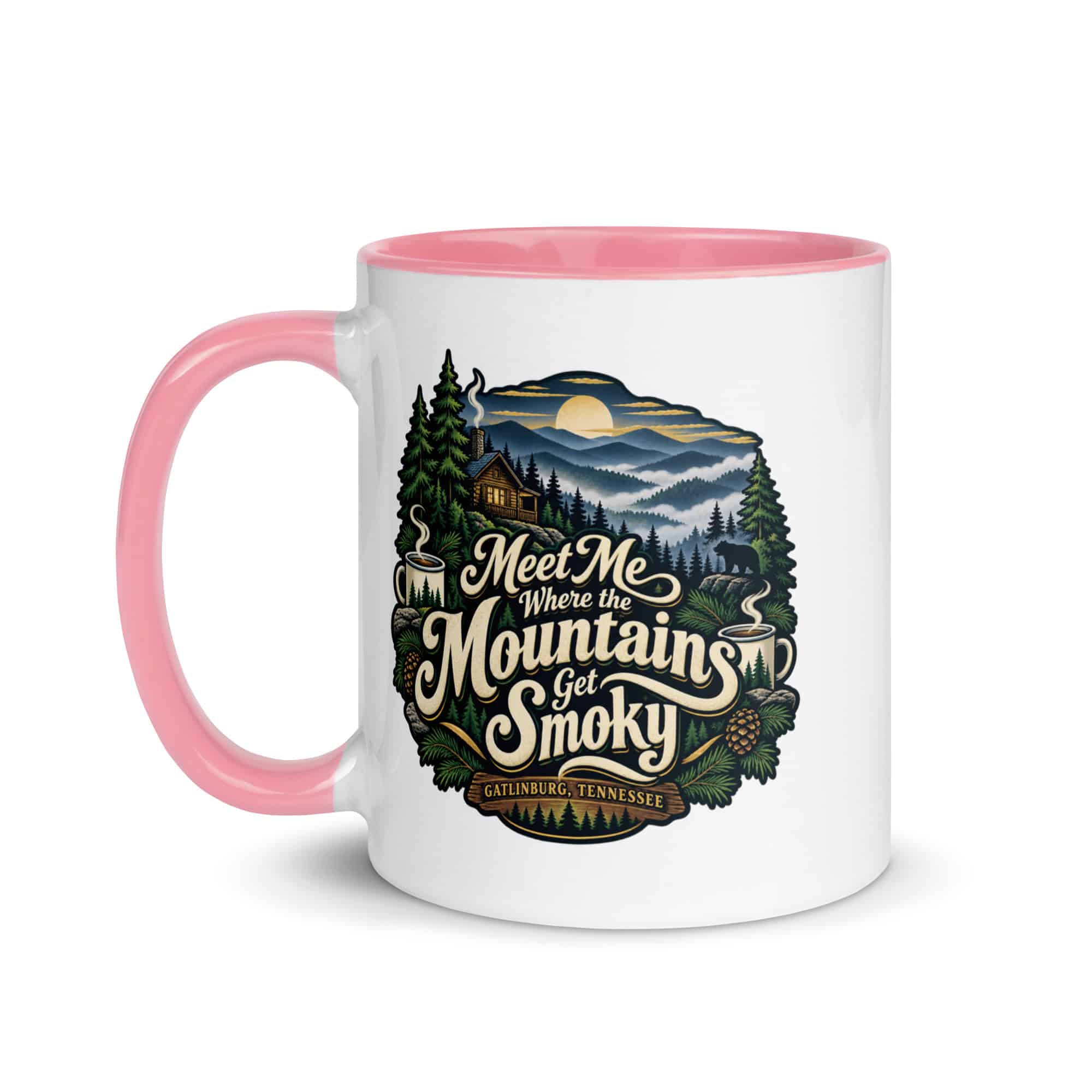 Gatlinburg and the Smokies Color Inside Coffee Mug: Meet Me Where the Mountains Get Smoky, Woodland Scenic Lettering