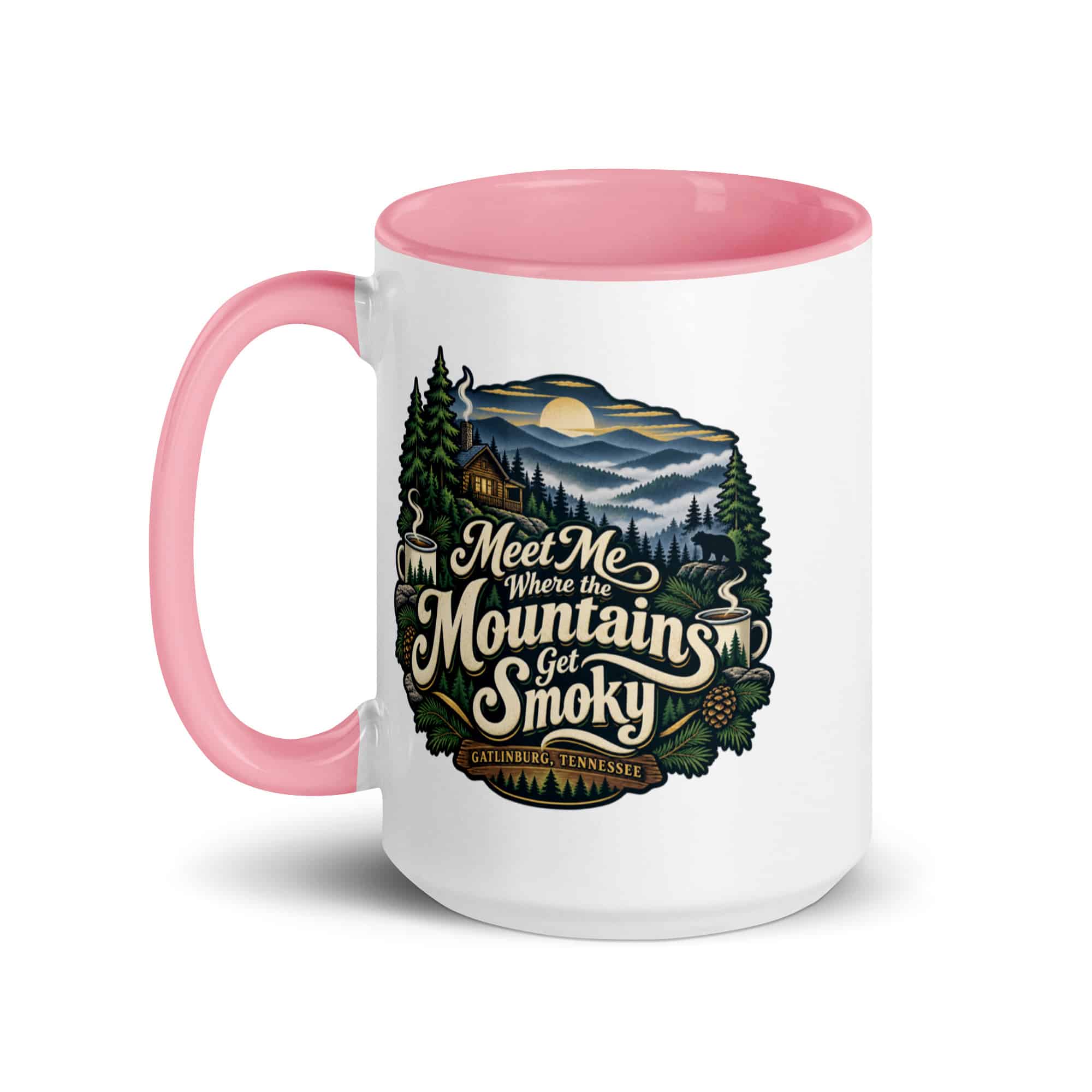 Gatlinburg and the Smokies Color Inside Coffee Mug: Meet Me Where the Mountains Get Smoky, Woodland Scenic Lettering
