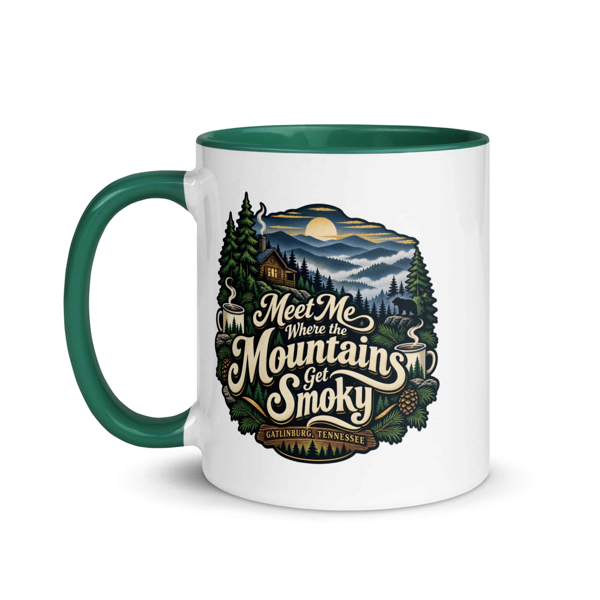 Gatlinburg and the Smokies Color Inside Coffee Mug: Meet Me Where the Mountains Get Smoky, Woodland Scenic Lettering