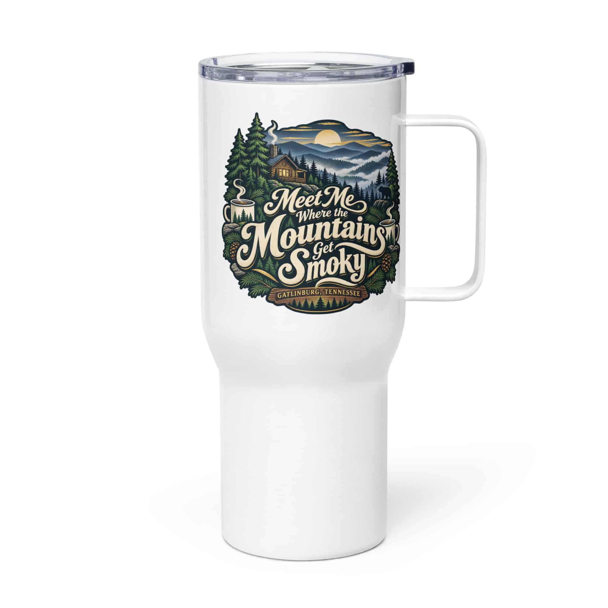 Gatlinburg and the Smokies Travel Mug: Meet Me Where the Mountains Get Smoky, Woodland Scenic Lettering