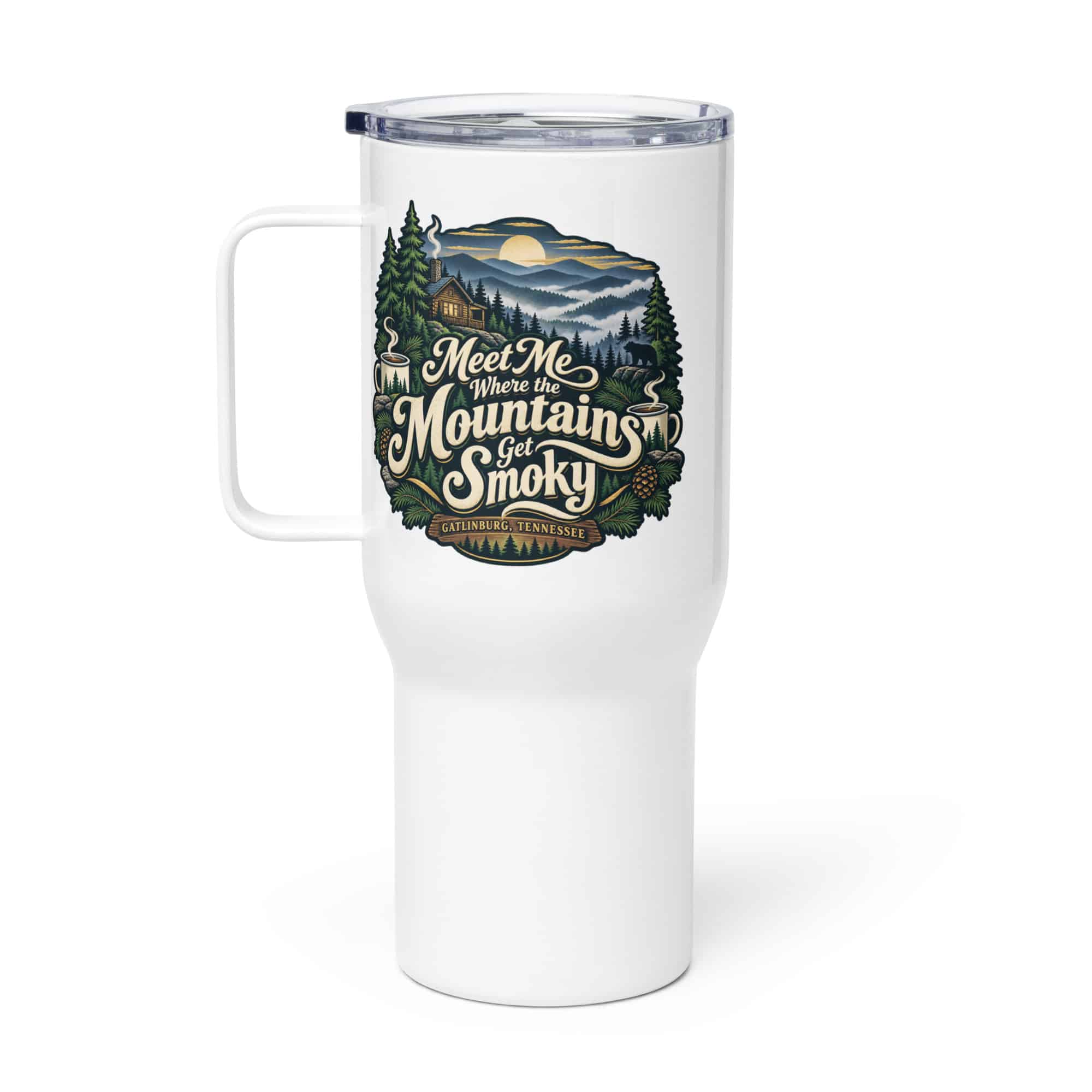 Gatlinburg and the Smokies Travel Mug: Meet Me Where the Mountains Get Smoky, Woodland Scenic Lettering