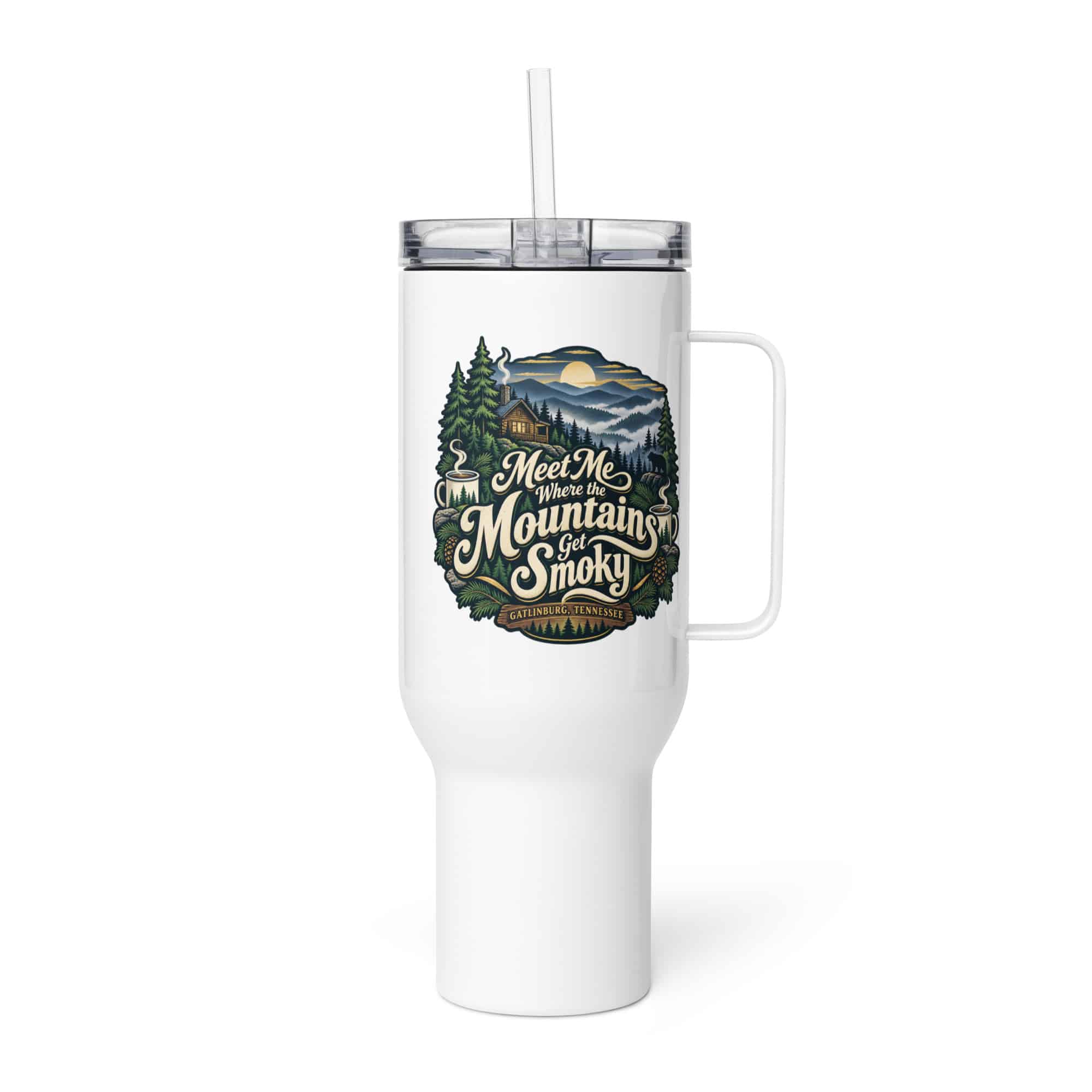 Gatlinburg and the Smokies Travel Mug: Meet Me Where the Mountains Get Smoky, Woodland Scenic Lettering