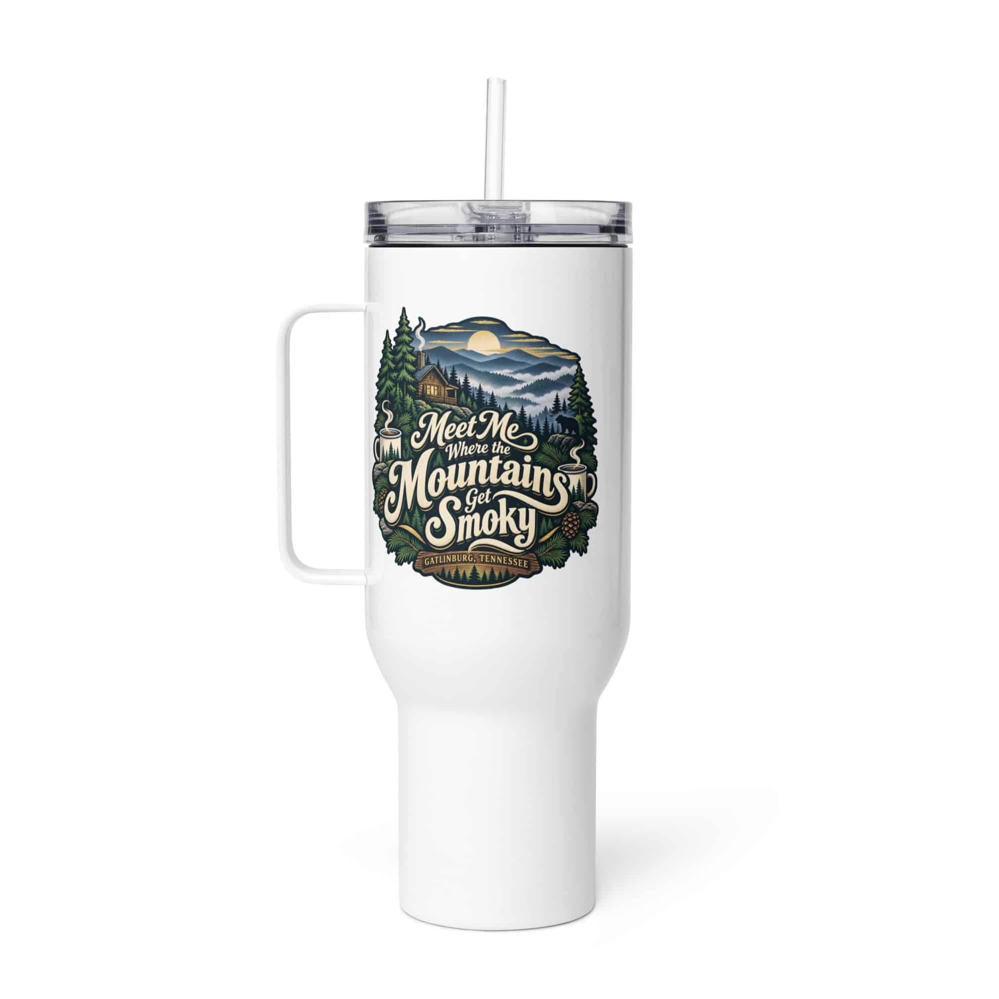 Gatlinburg and the Smokies Travel Mug: Meet Me Where the Mountains Get Smoky, Woodland Scenic Lettering