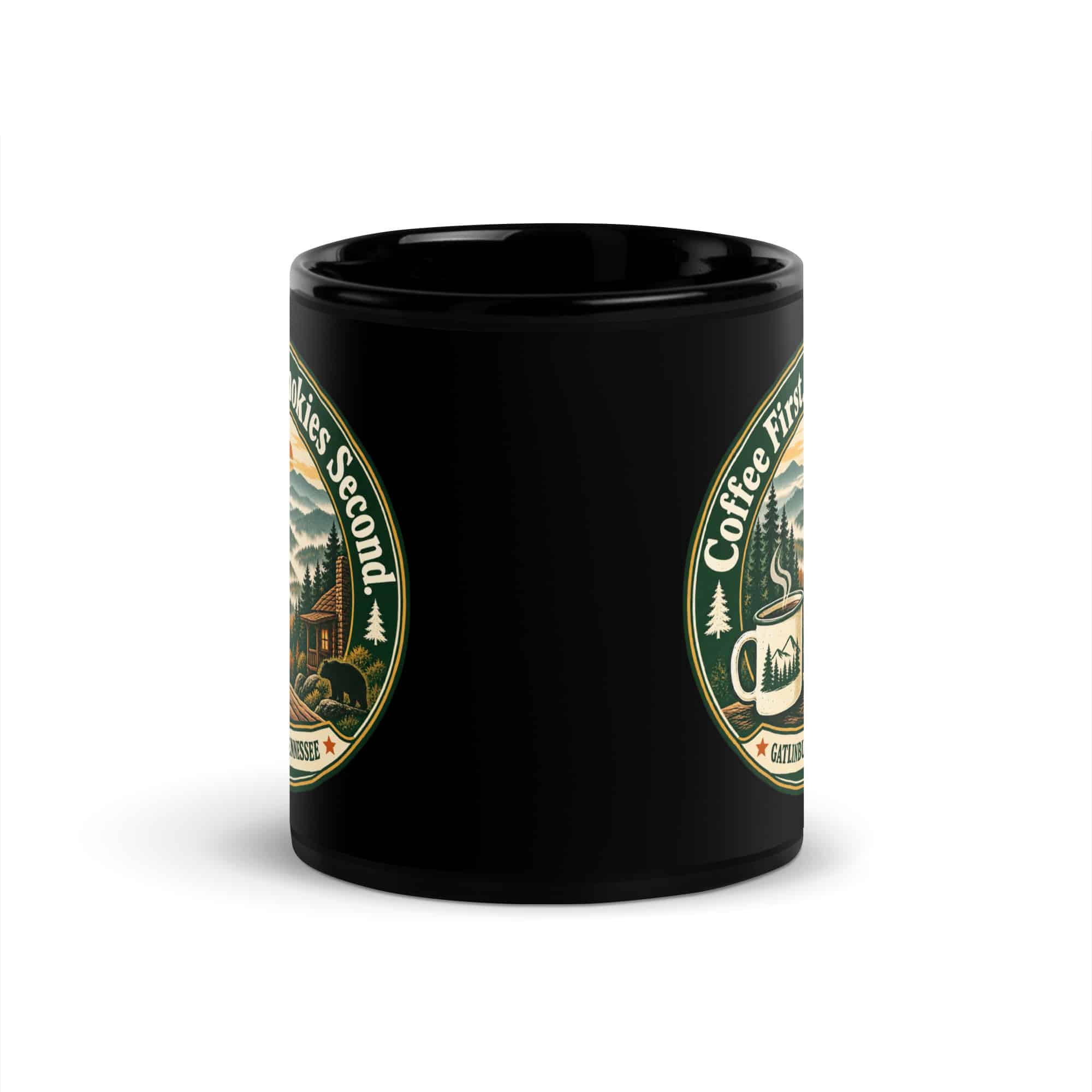 Gatlinburg and the Smokies Black Coffee Mug: Coffee First. Smokies Second, Vintage Round Badge