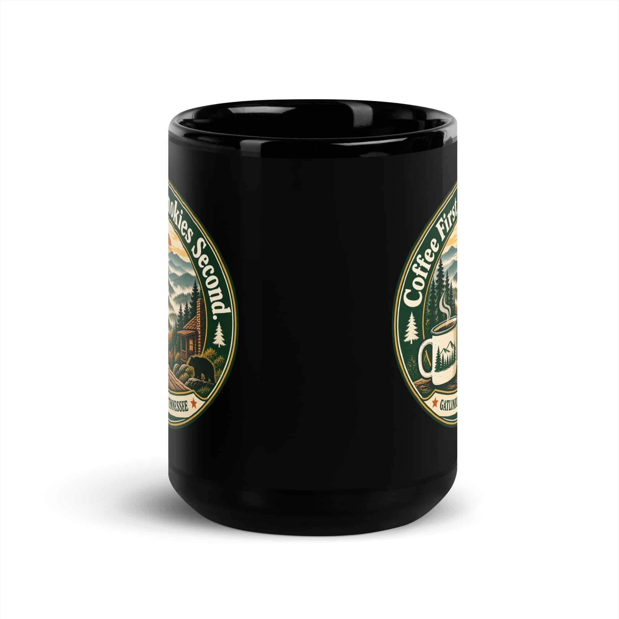 Gatlinburg and the Smokies Black Coffee Mug: Coffee First. Smokies Second, Vintage Round Badge