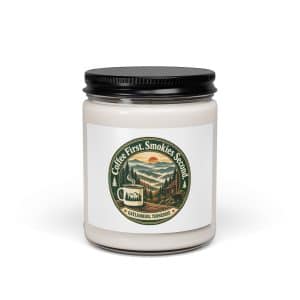 Gatlinburg and the Smokies Soy Wax Candle: Coffee First. Smokies Second, Vintage Round Badge - 9oz - Main