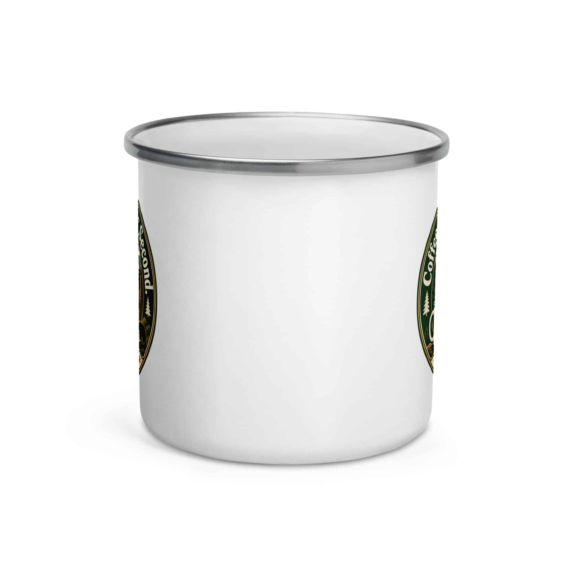 Gatlinburg and the Smokies Enamel Camp Mug: Coffee First. Smokies Second, Vintage Round Badge
