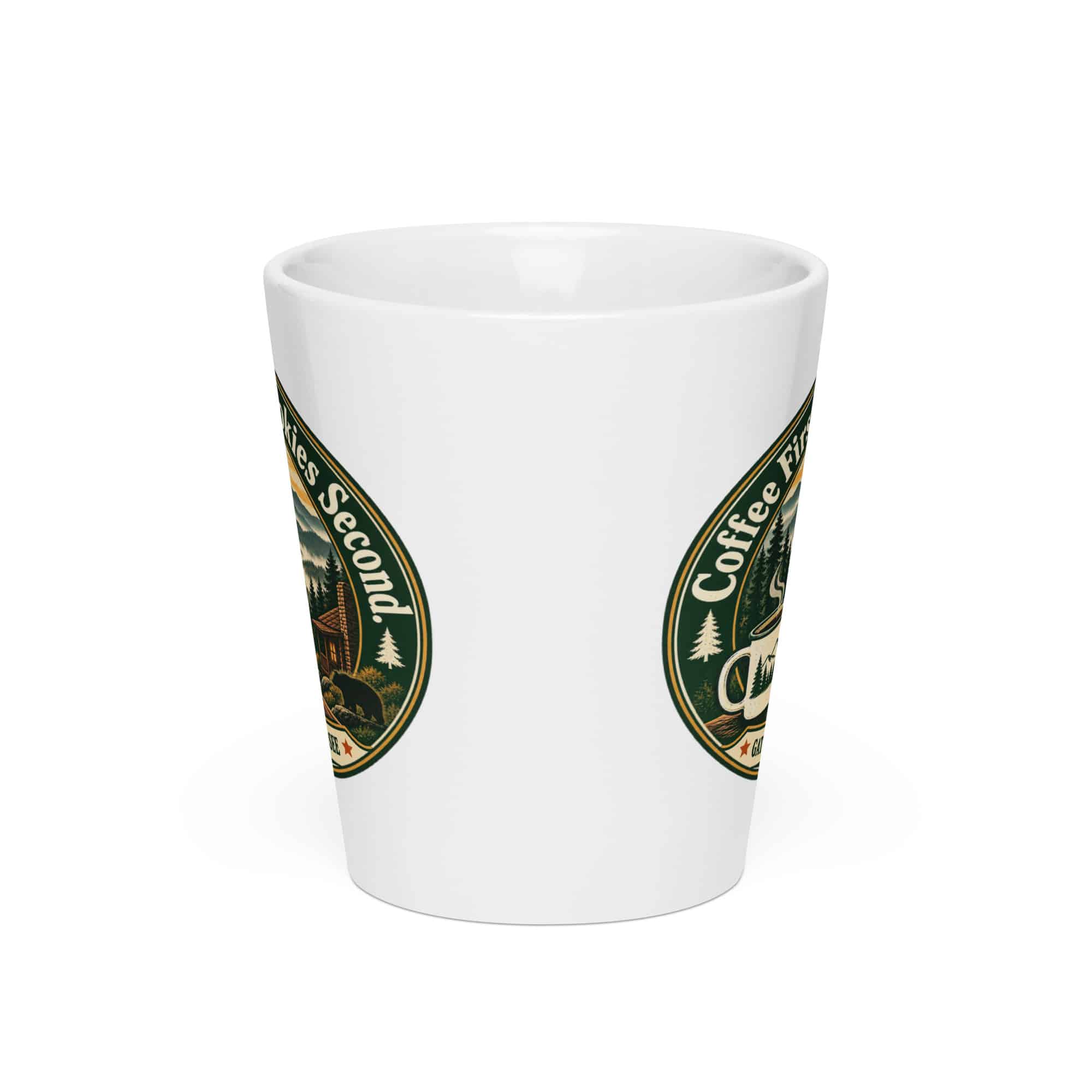 Gatlinburg and the Smokies Latte Mug: Coffee First. Smokies Second, Vintage Round Badge