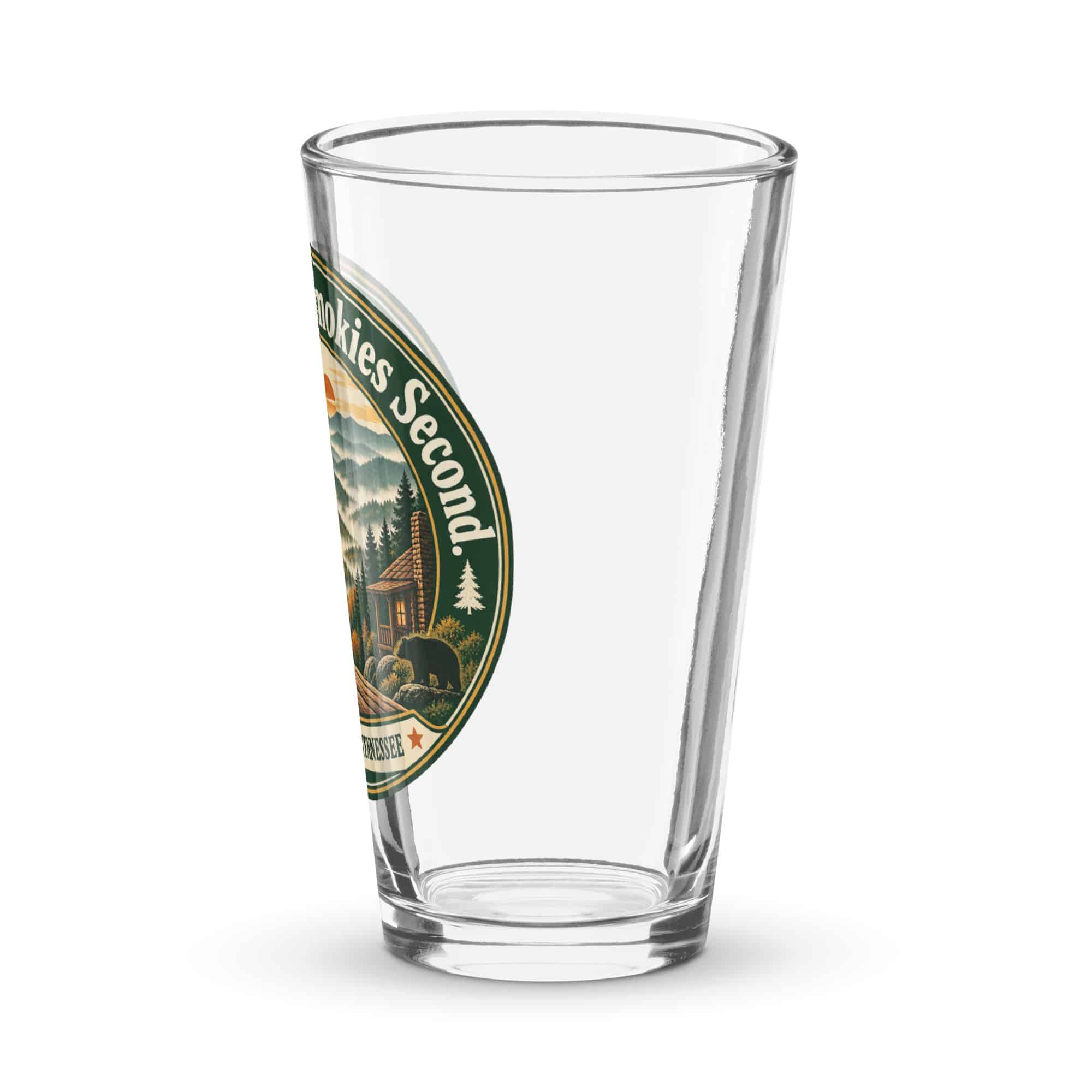 Gatlinburg and the Smokies Pint Glass: Coffee First. Smokies Second, Vintage Round Badge