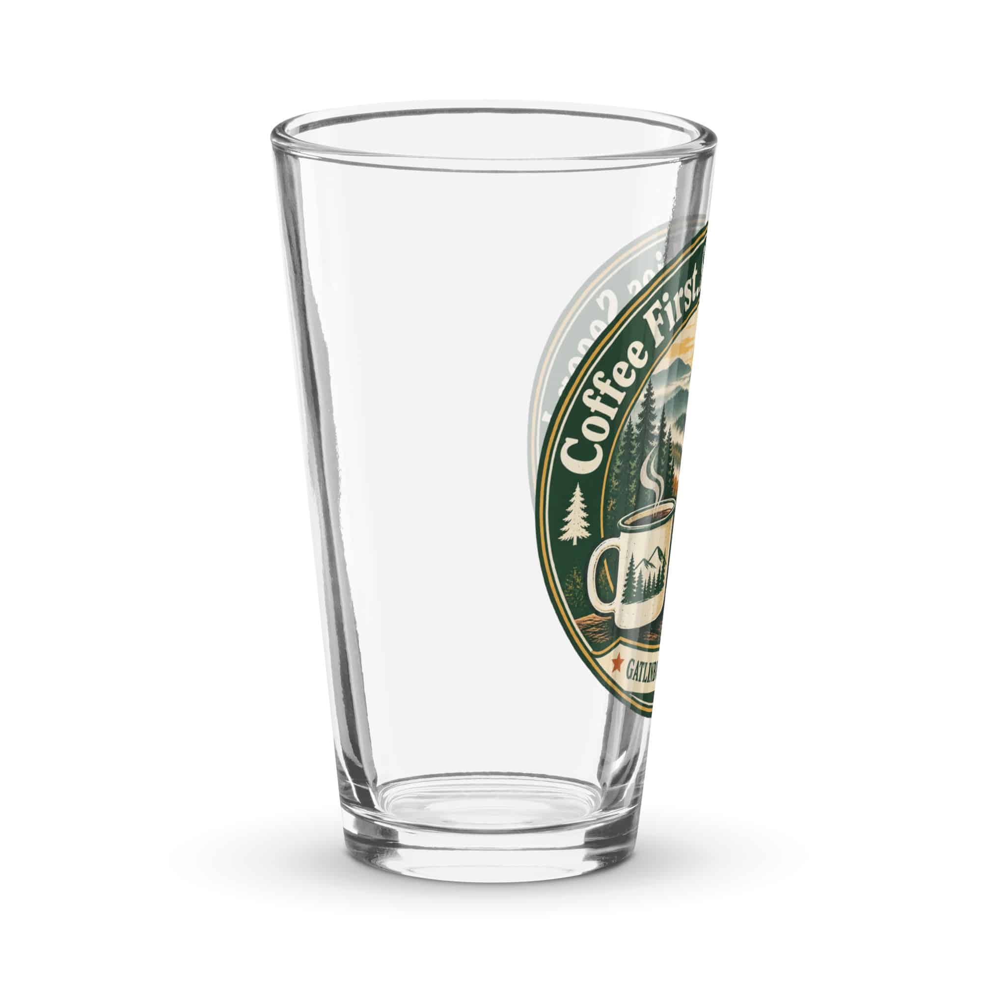 Gatlinburg and the Smokies Pint Glass: Coffee First. Smokies Second, Vintage Round Badge