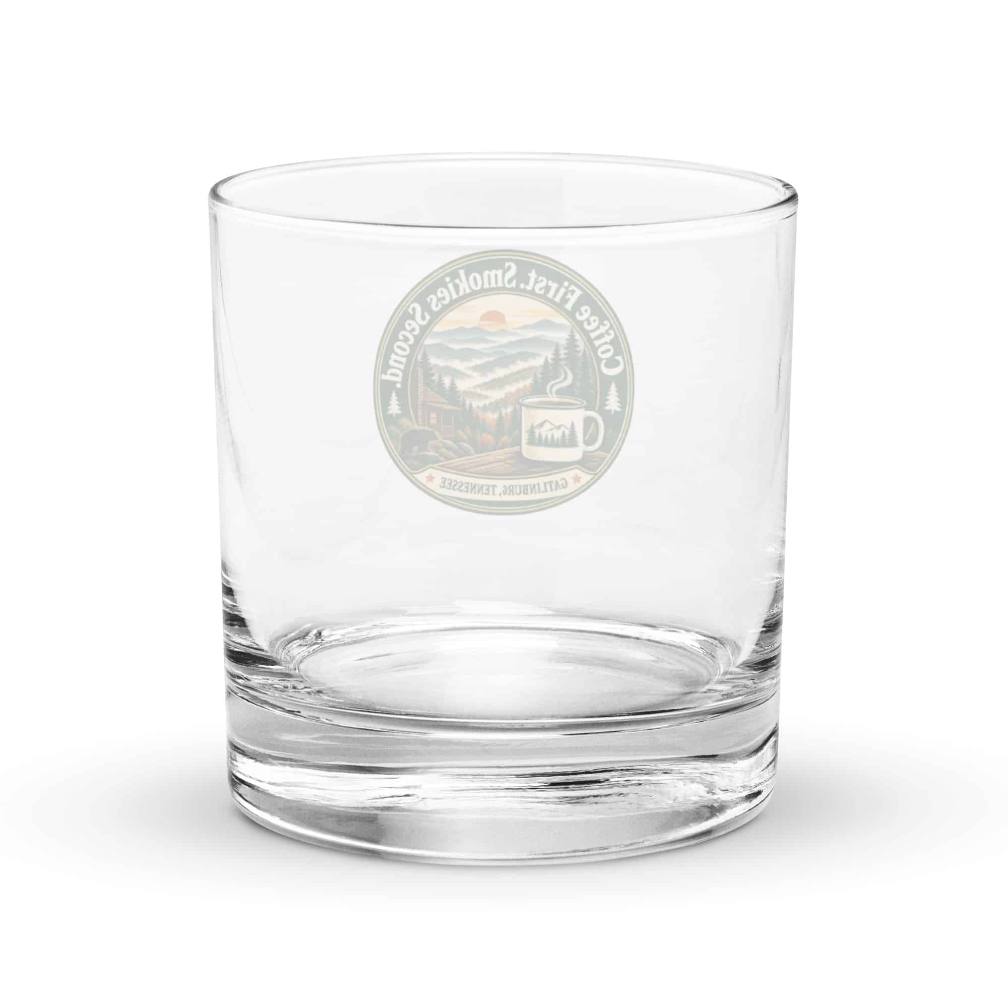Gatlinburg and the Smokies Rocks Glass: Coffee First. Smokies Second, Vintage Round Badge