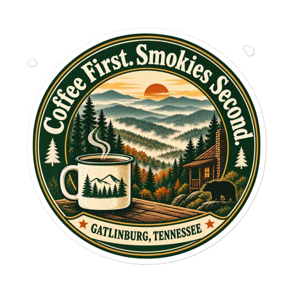 Gatlinburg and the Smokies Vinyl Sticker: Coffee First. Smokies Second, Vintage Round Badge