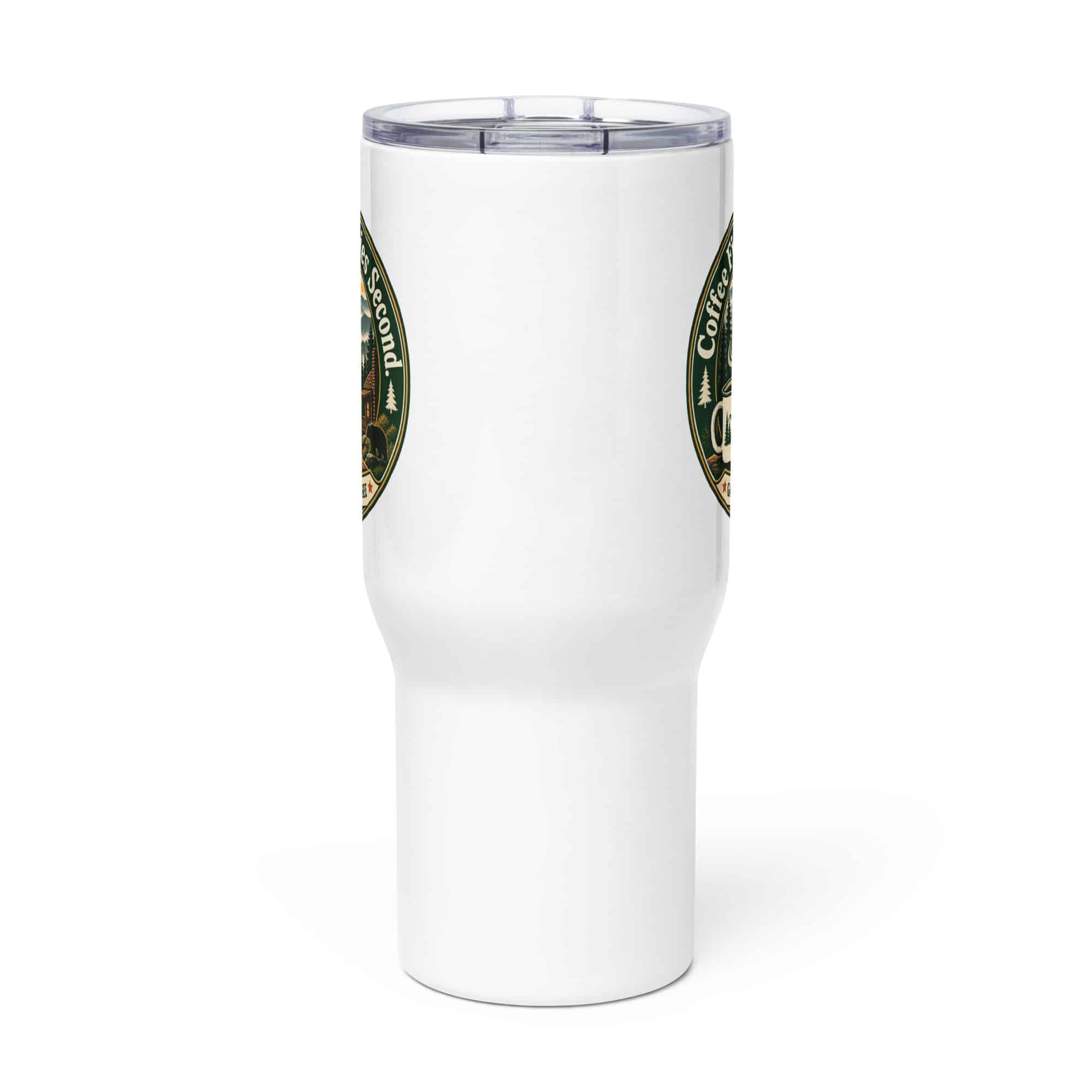Gatlinburg and the Smokies Travel Mug: Coffee First. Smokies Second, Vintage Round Badge