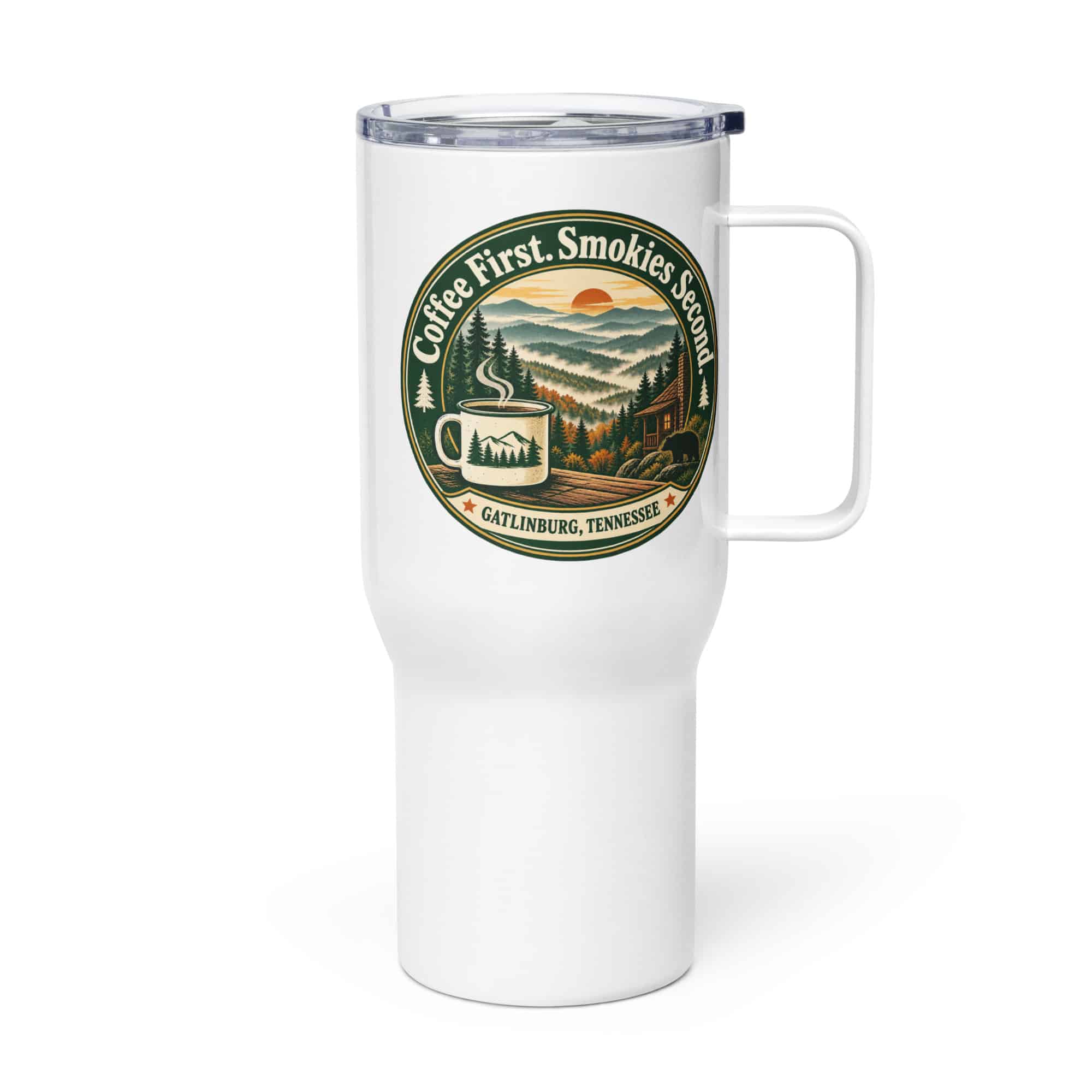 Gatlinburg and the Smokies Travel Mug: Coffee First. Smokies Second, Vintage Round Badge