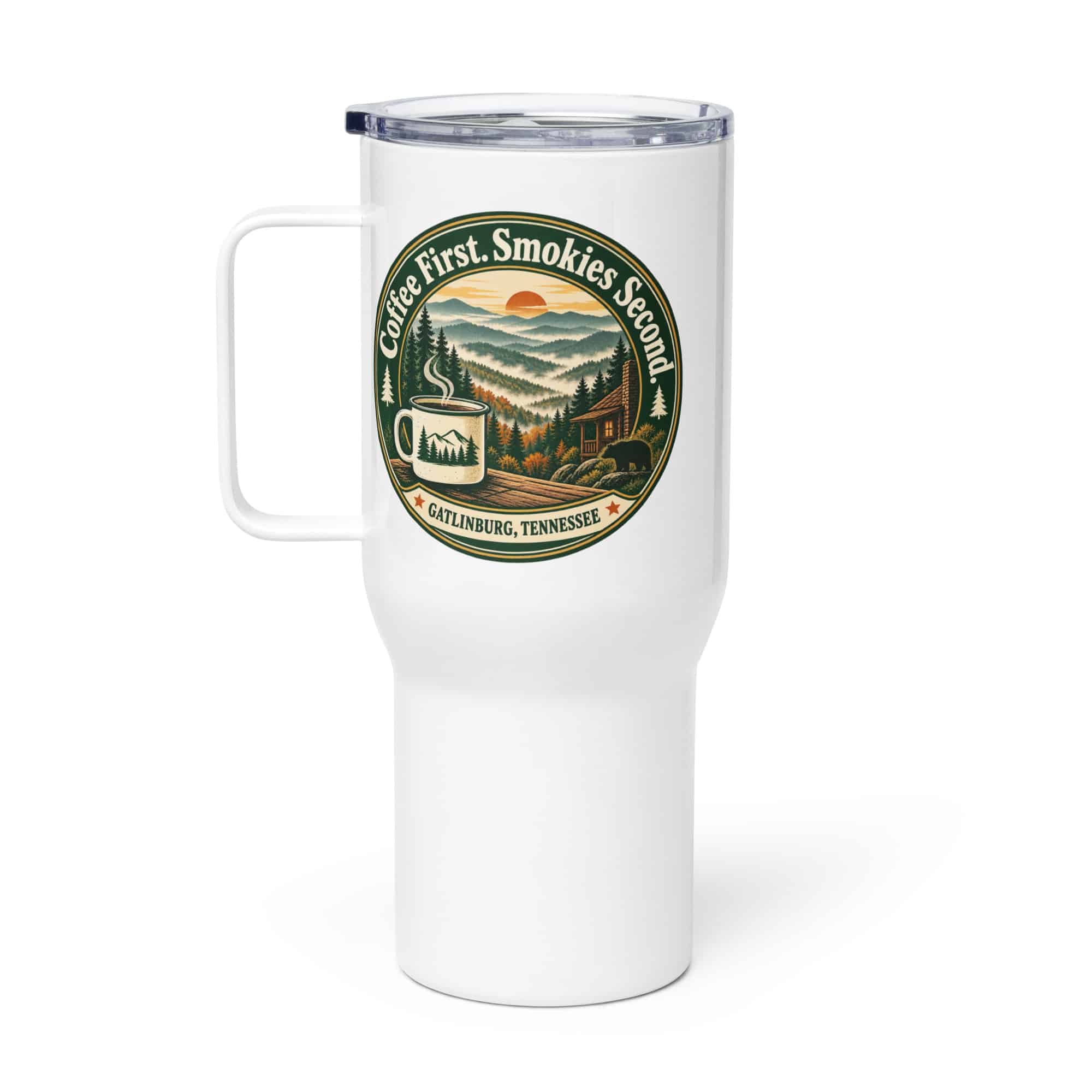 Gatlinburg and the Smokies Travel Mug: Coffee First. Smokies Second, Vintage Round Badge