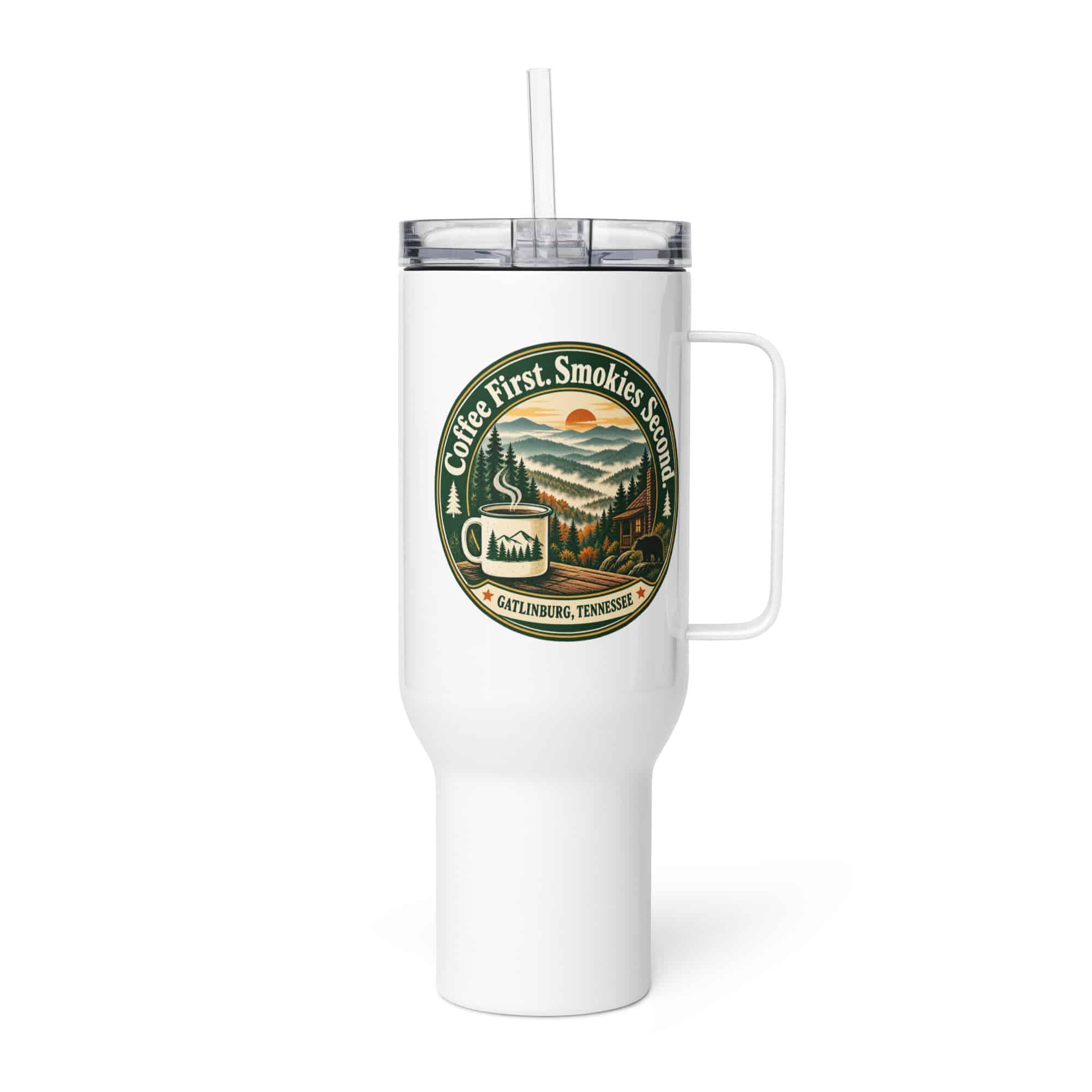 Gatlinburg and the Smokies Travel Mug: Coffee First. Smokies Second, Vintage Round Badge