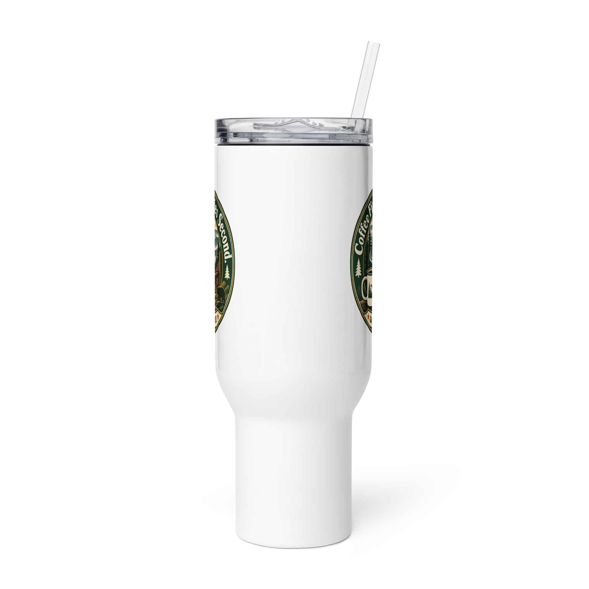 Gatlinburg and the Smokies Travel Mug: Coffee First. Smokies Second, Vintage Round Badge