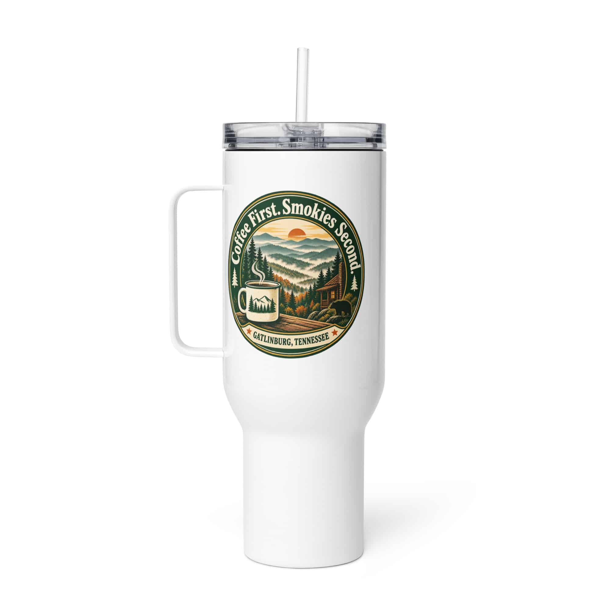 Gatlinburg and the Smokies Travel Mug: Coffee First. Smokies Second, Vintage Round Badge